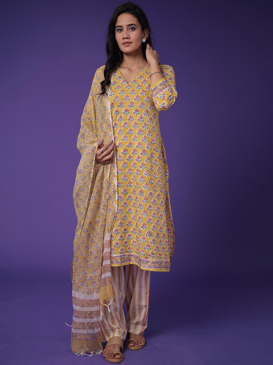 

ZARI Floral Printed Pure Cotton Straight Kurta with Trouser & Dupatta, Yellow