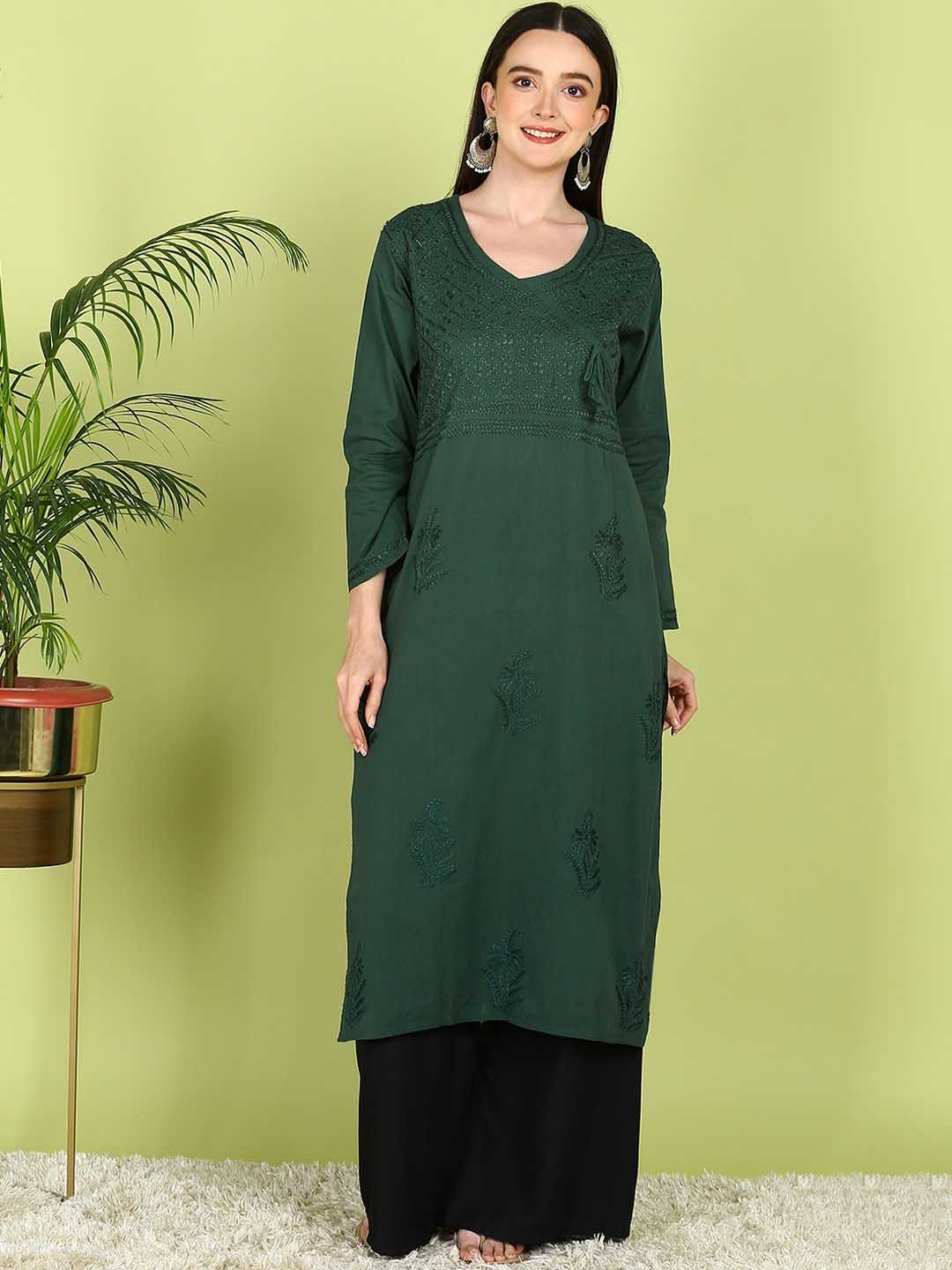 

VAHSON V Neck Long Sleeves Chikankari Floral Embroidered Straight Kurta, Green