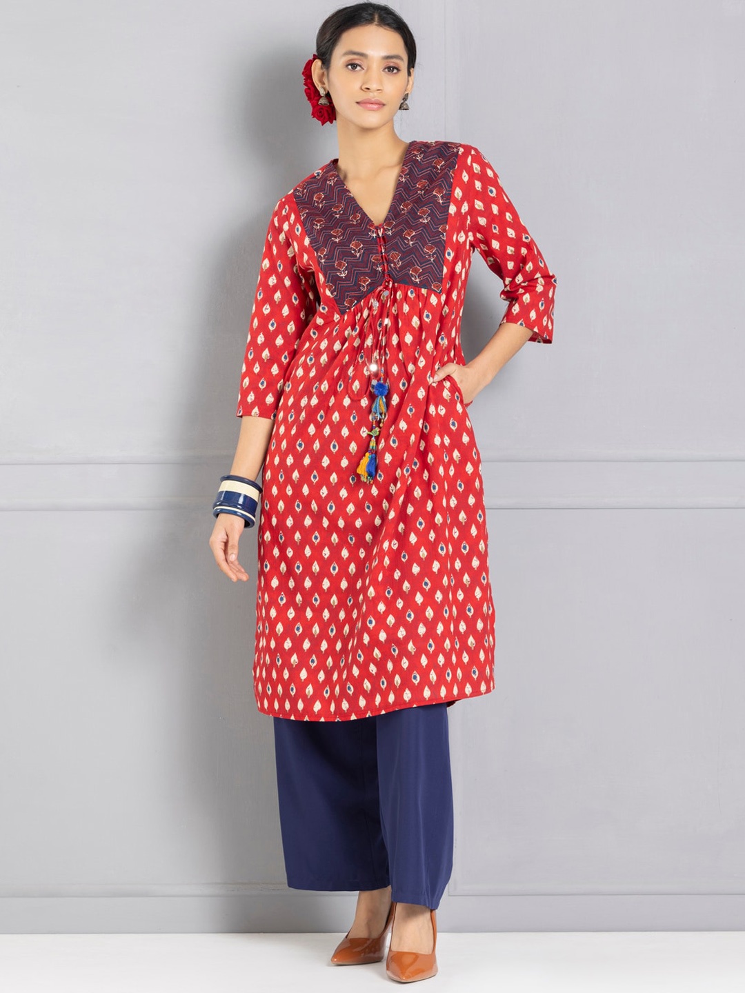 SHAYE Ethnic Motifs Printed Cotton Pleated Angrakha Kurta, Red