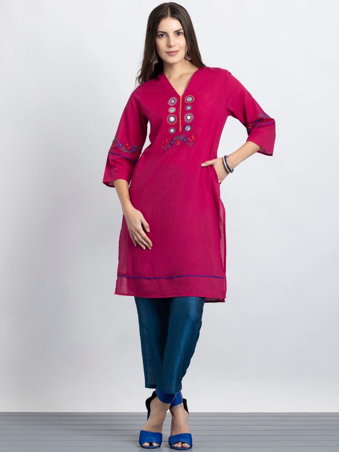 SHAYE Floral Embroidered Thread Work Cotton A-Line Kurta, Pink