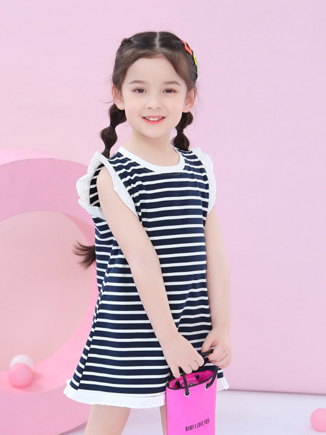 

INCLUD Girls Striped Round Neck Sleeves T-shirt Dress, Blue