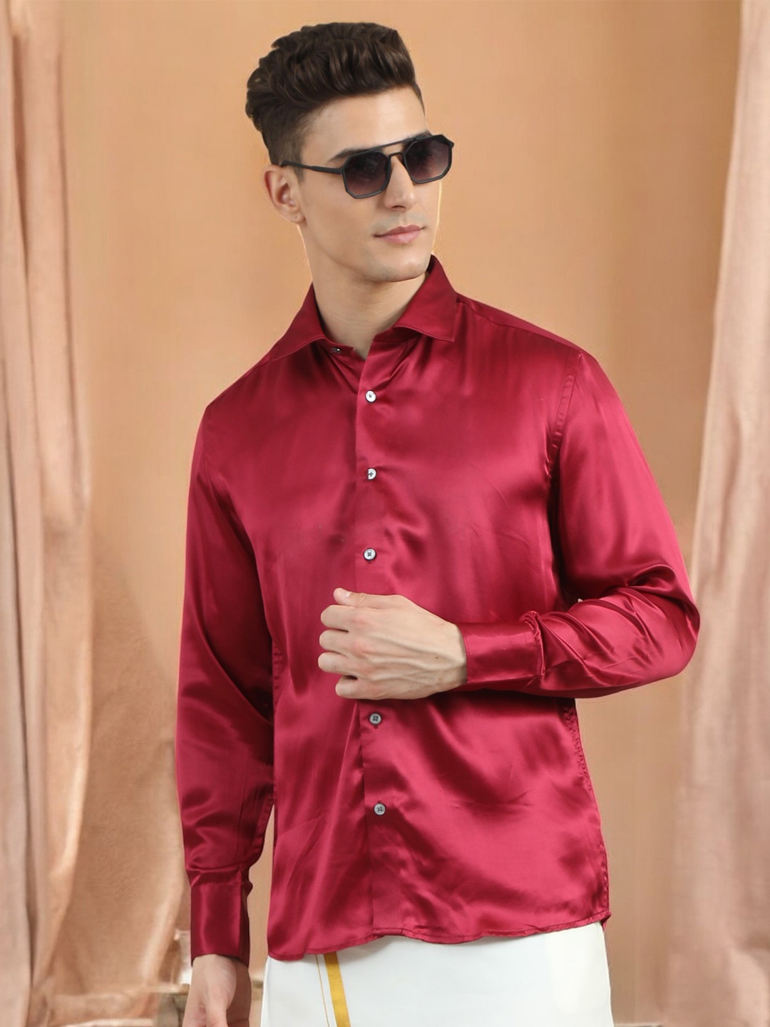 

TATTVA Classic Spread Collar Long Sleeves Pure Silk Casual Shirt, Maroon