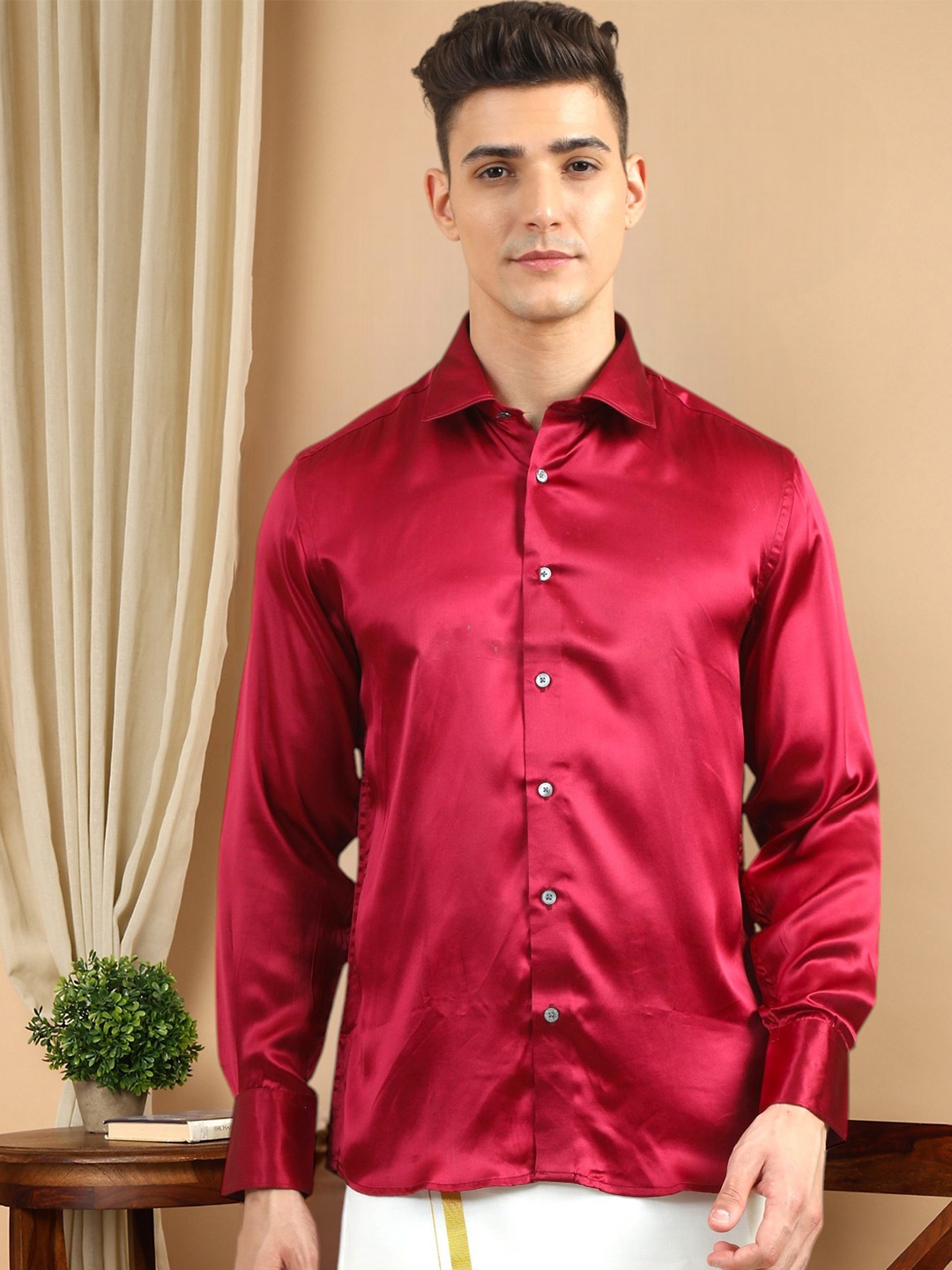 

TATTVA Classic Spread Collar Long Sleeves Pure Silk Casual Shirt, Maroon