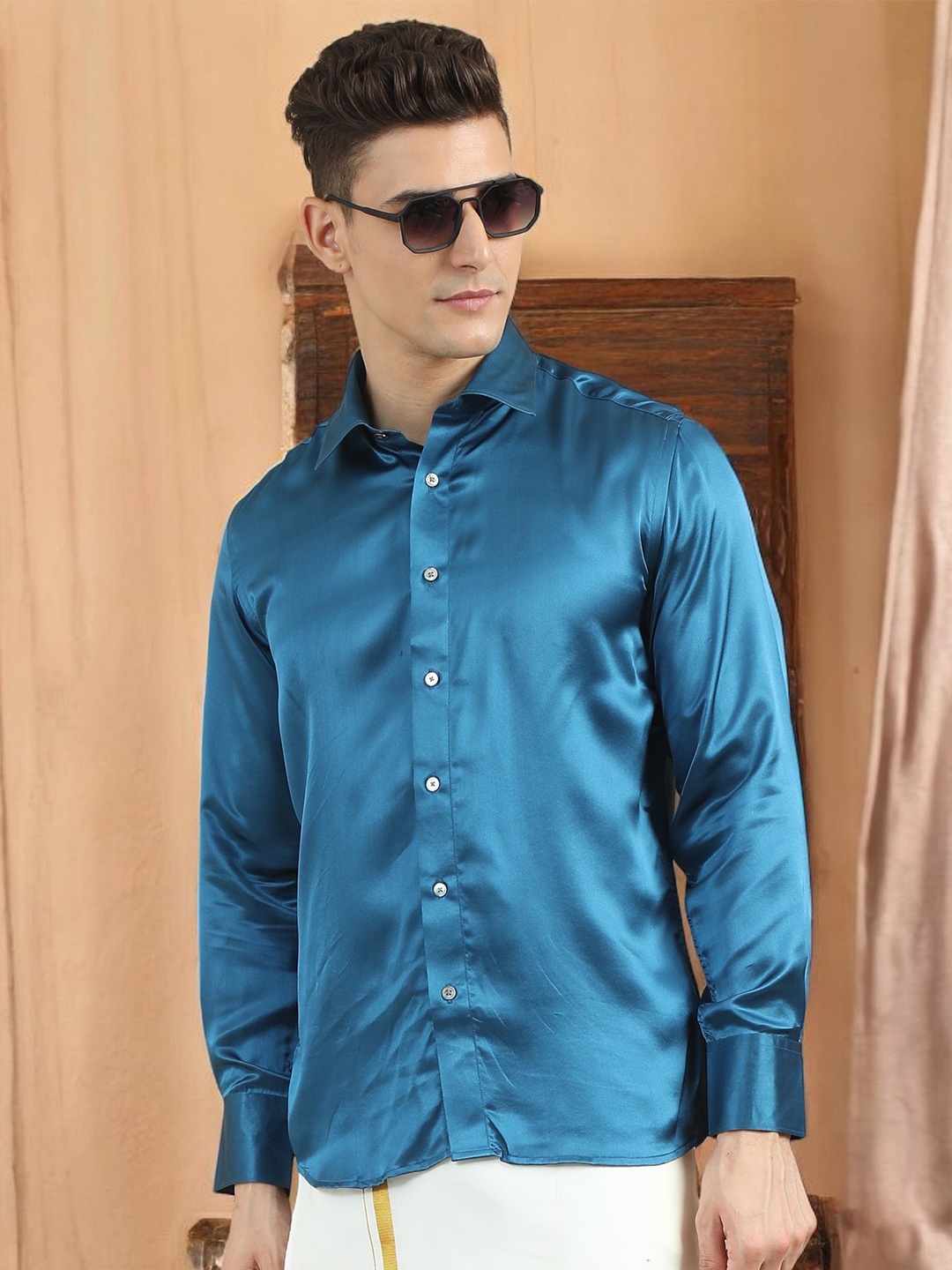 

TATTVA Classic Spread Collar Long Sleeves Pure Silk Casual Shirt, Blue