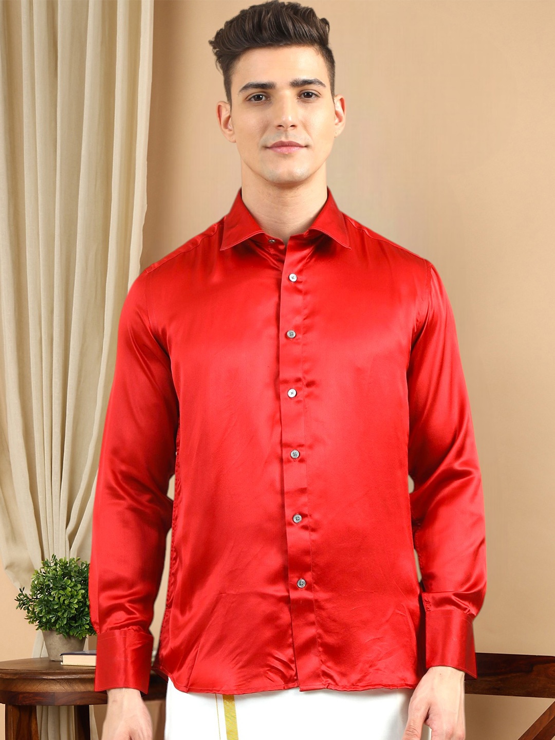 

TATTVA Classic Spread Collar Long Sleeves Pure Silk Casual Shirt, Orange