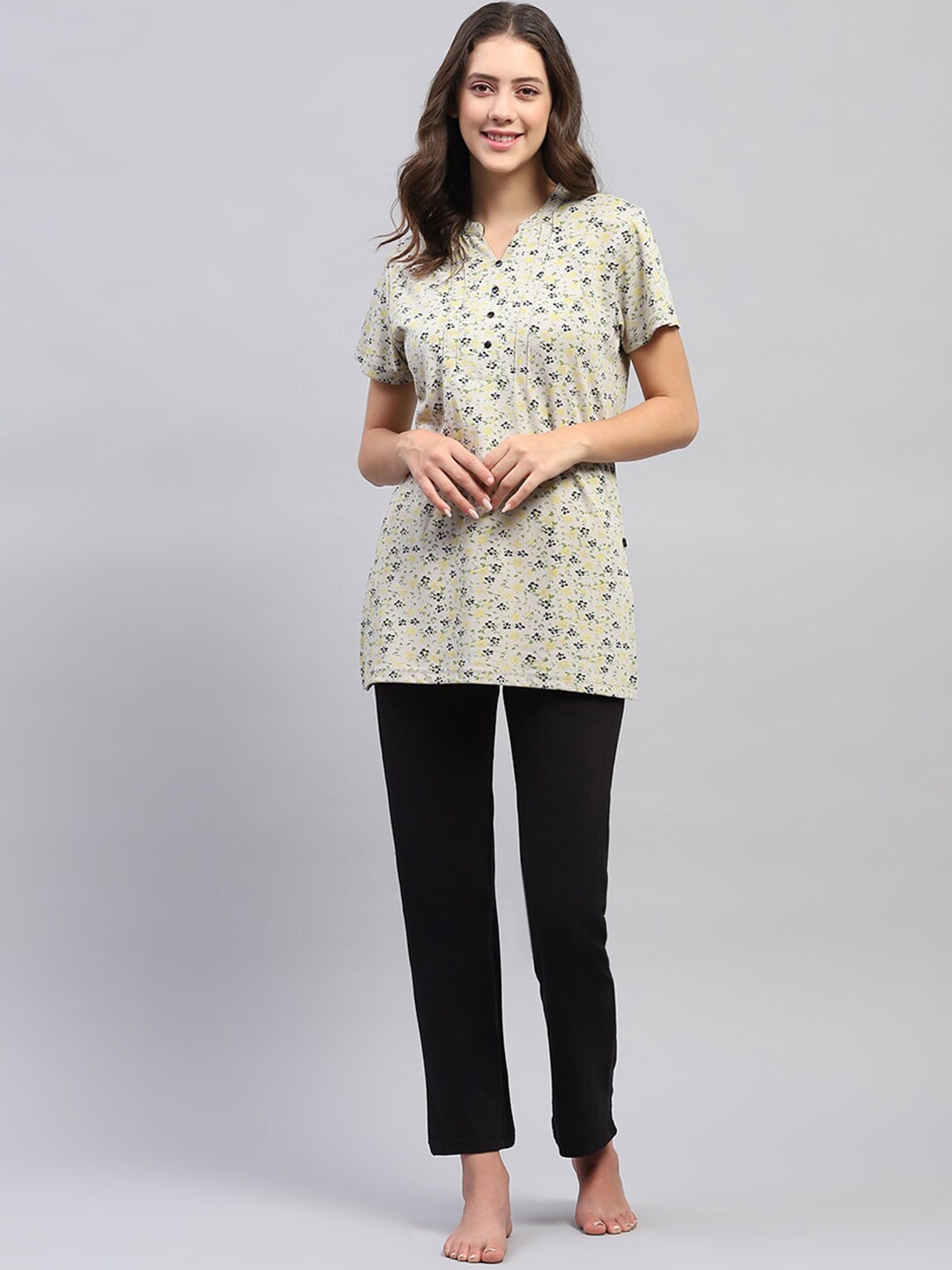

Monte Carlo Geometric Printed Pure-Cotton Top With Pyjamas, Grey