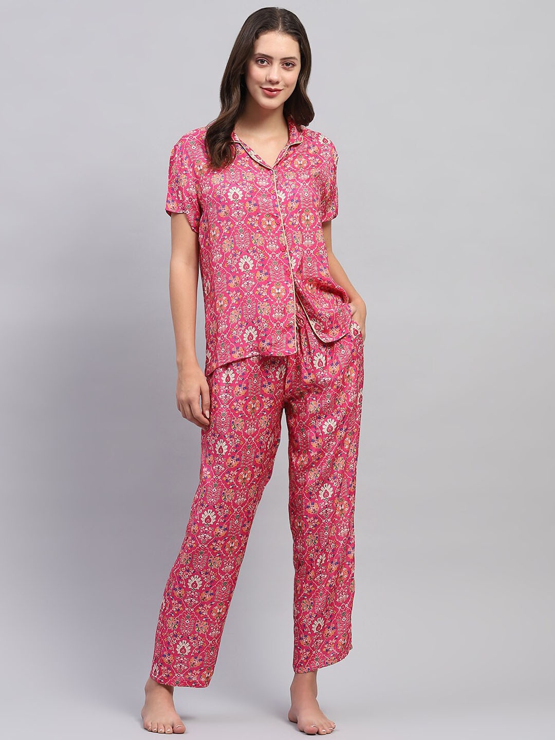 

Monte Carlo Geometric Printed Pure-Cotton Shirt With Pyjamas, Magenta