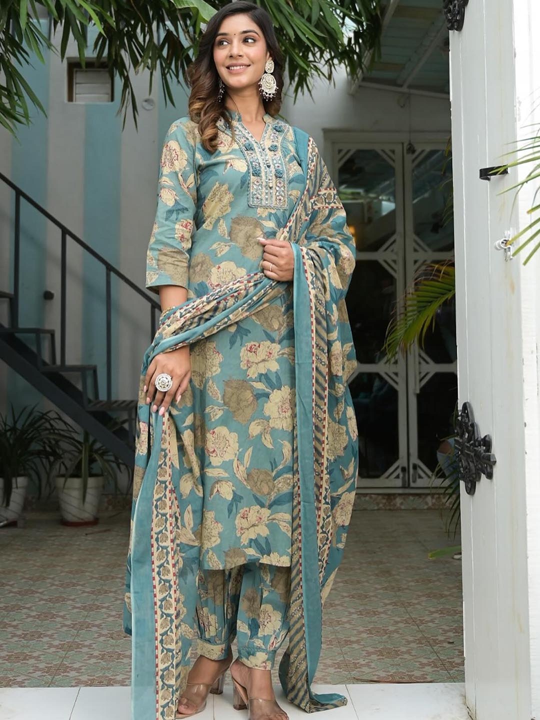 

KALINI Floral Printed Pure Cotton Straight Kurta With Salwar & Dupatta, Sea green