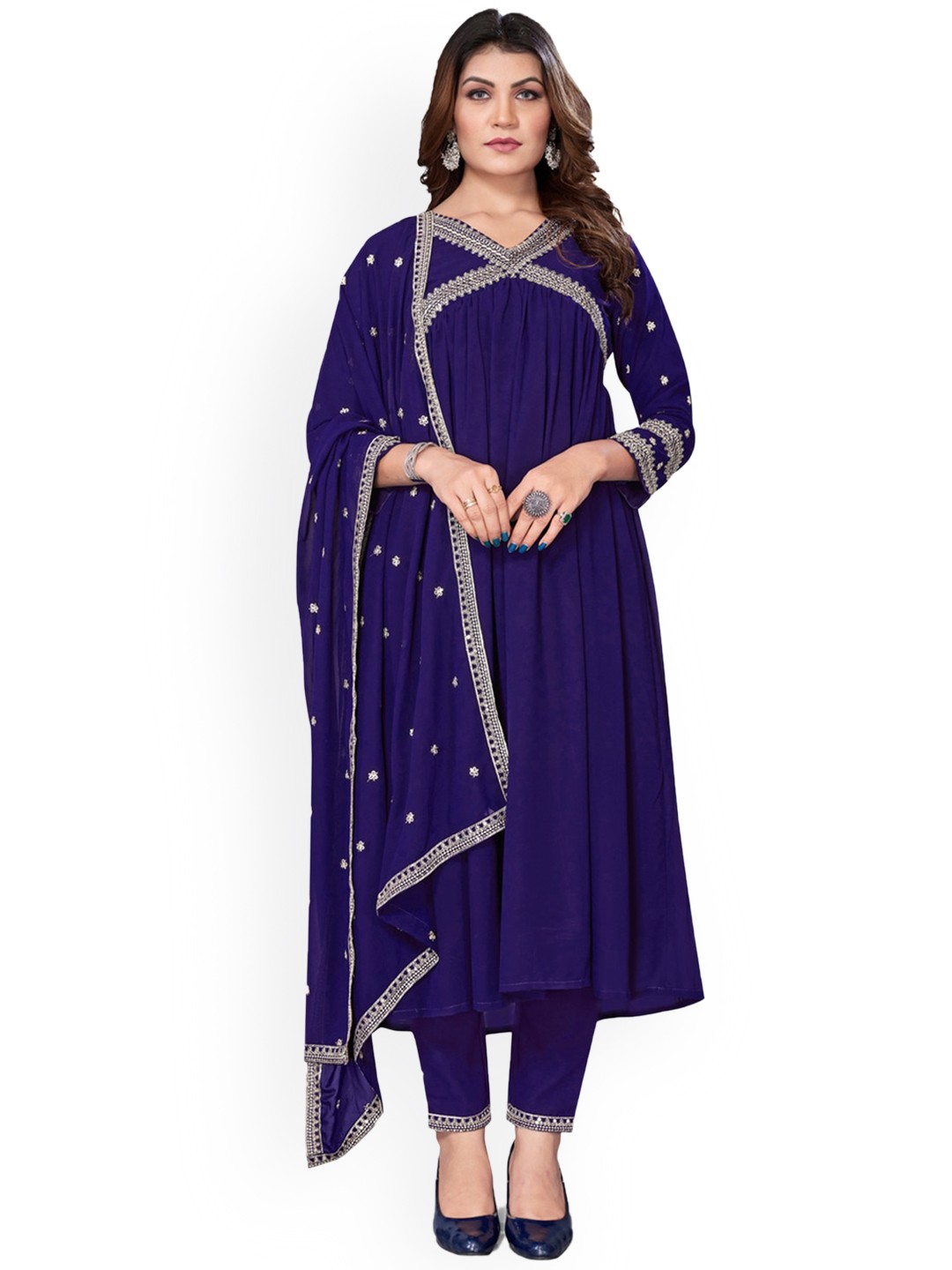 

BAESD Ethnic Motifs Embroidered Regular Gotta Patti Kurta With Trousers & Dupatta, Navy blue