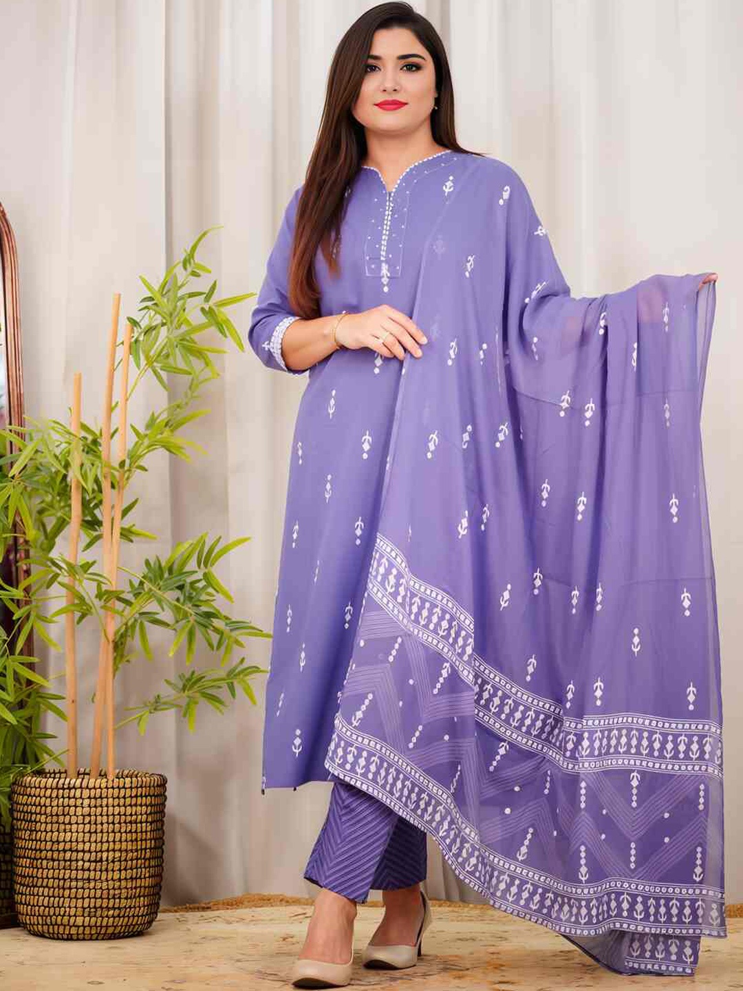 

BLACK SCISSOR Floral Printed Pure Cotton V-Neck Straight Kurta With Trousers & Dupatta, Purple
