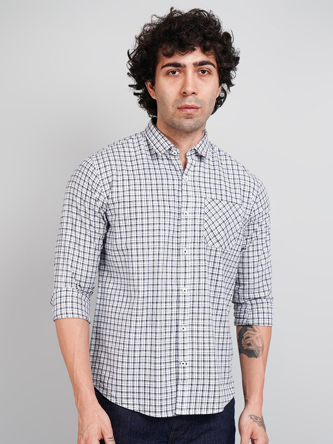 

TIM PARIS Comfort Spread Collar Gingham Checks Opaque Checked Cotton Casual Shirt, Blue