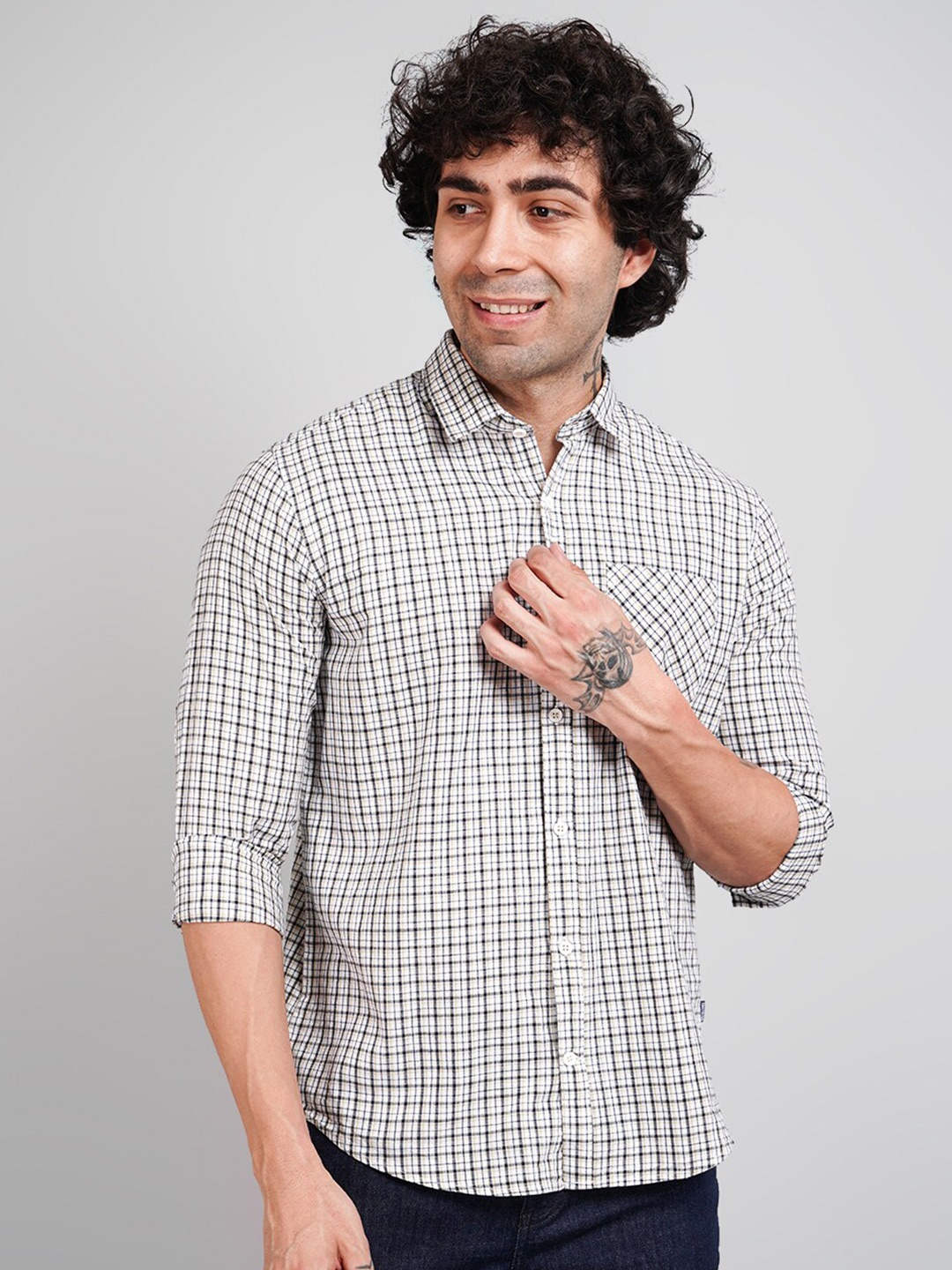 

TIM PARIS Comfort Spread Collar Gingham Checks Opaque Checked Cotton Casual Shirt, Camel brown