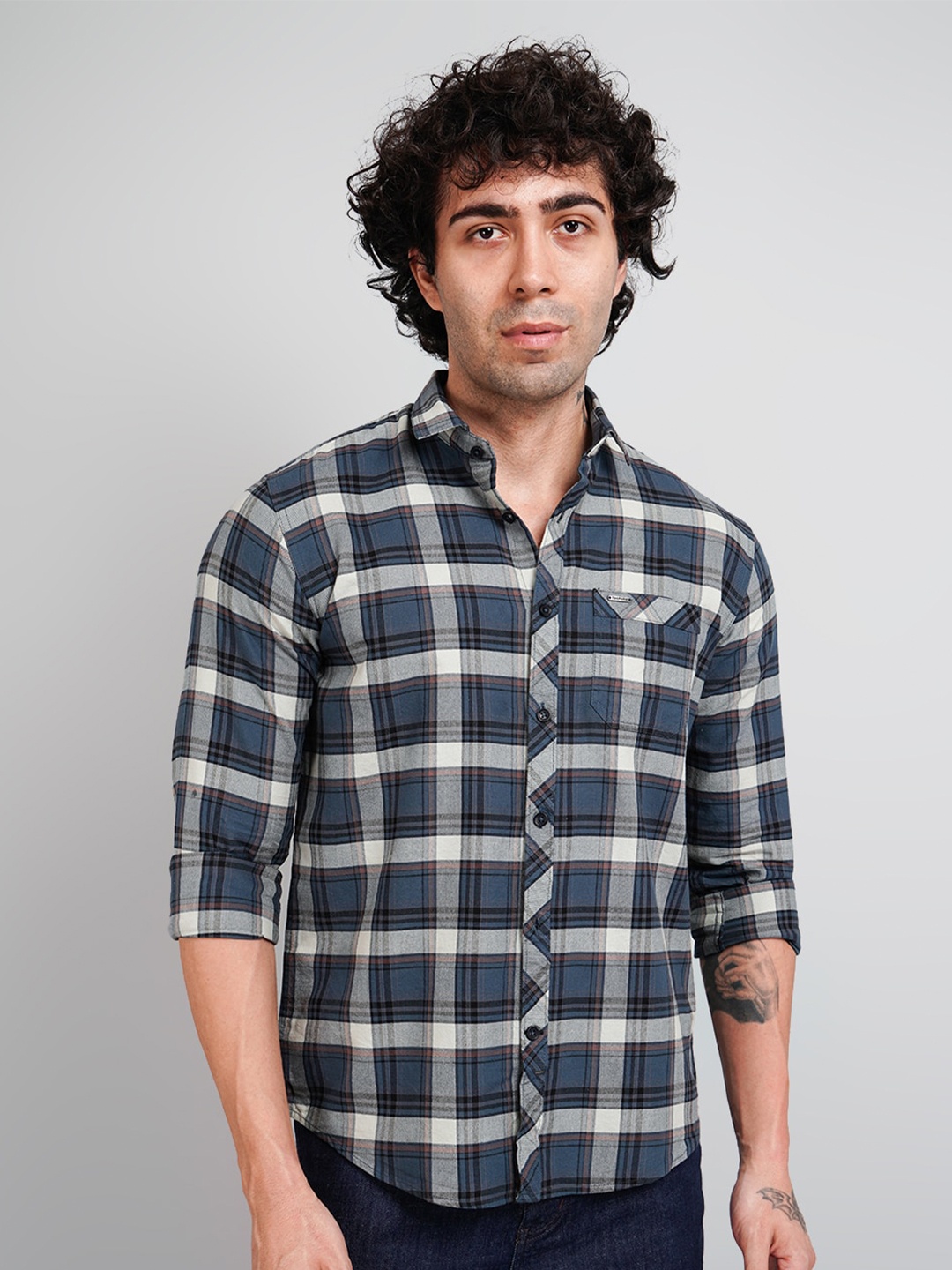 

TIM PARIS Comfort Spread Collar Tartan Checks Opaque Checked Cotton Casual Shirt, Teal