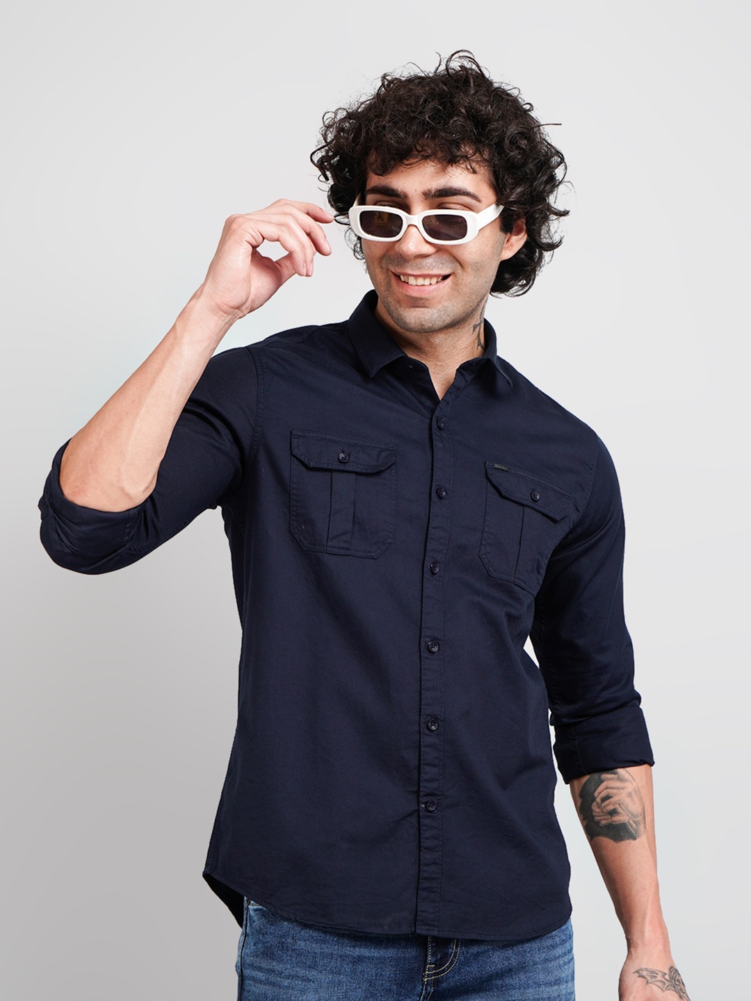 

TIM PARIS Comfort Spread Collar Opaque Cotton Casual Shirt, Navy blue