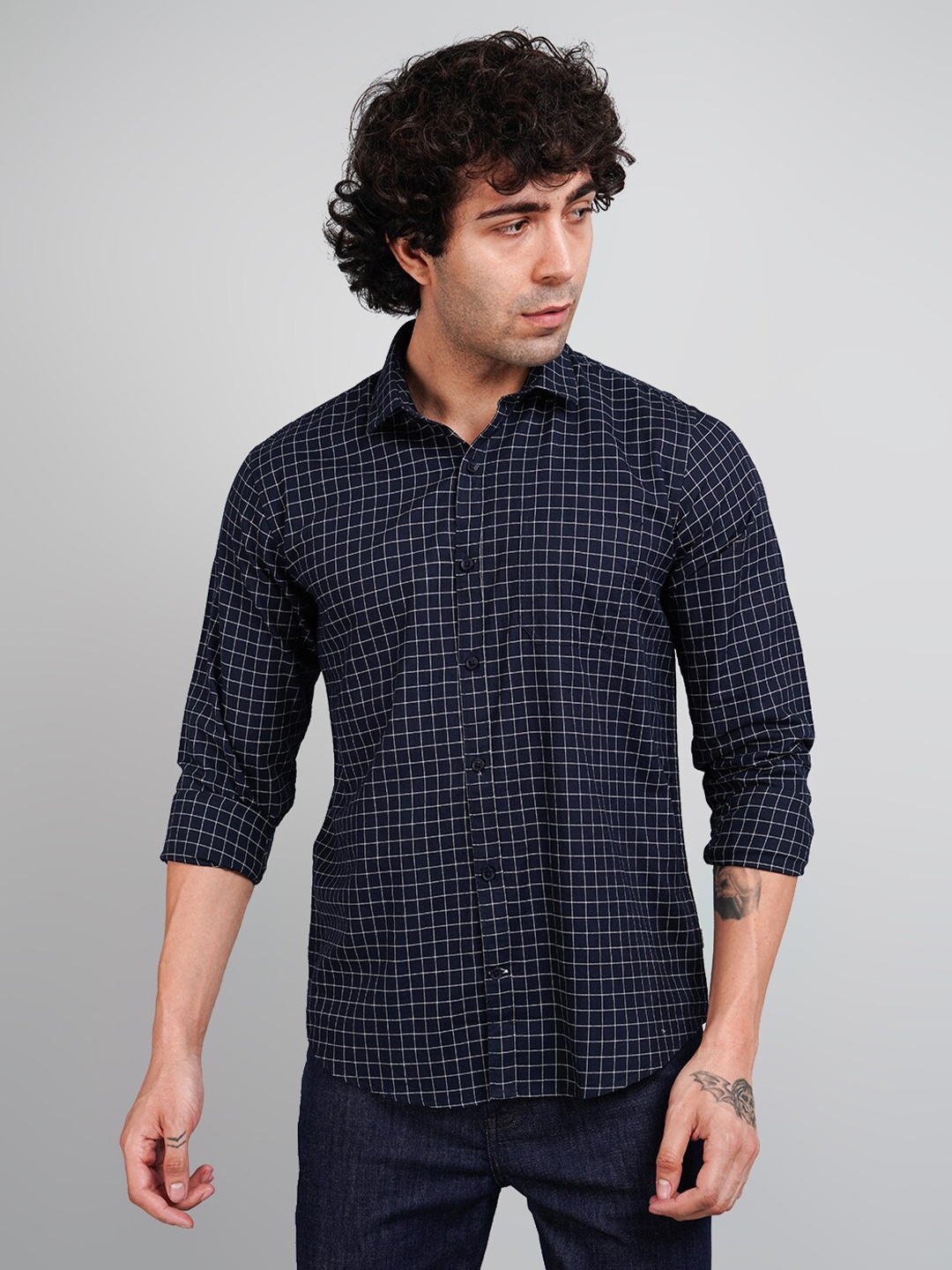 

TIM PARIS Men Comfort Checked Cotton Casual Shirt, Navy blue