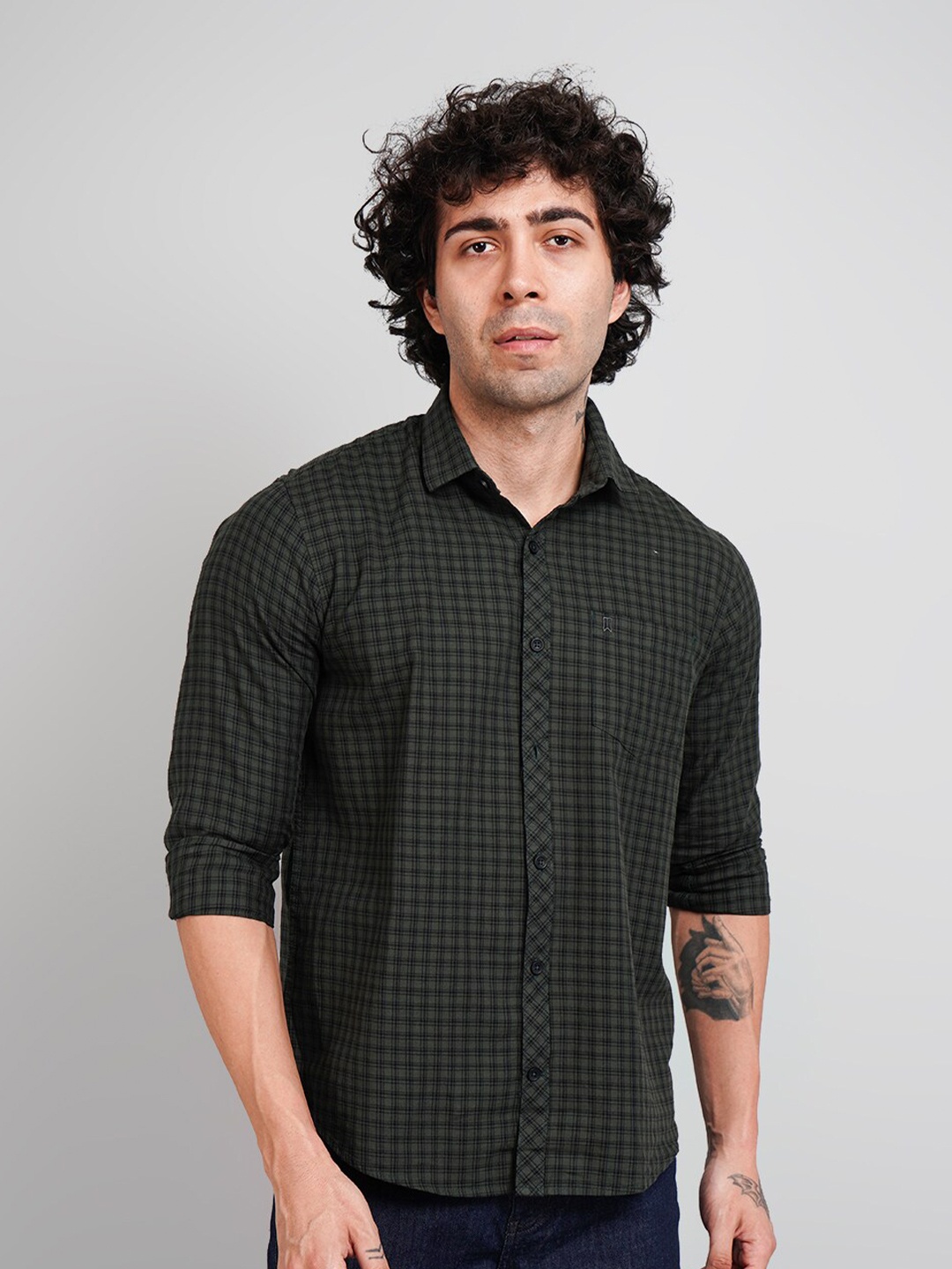 

TIM PARIS Men Comfort Checked Cotton Casual Shirt, Olive