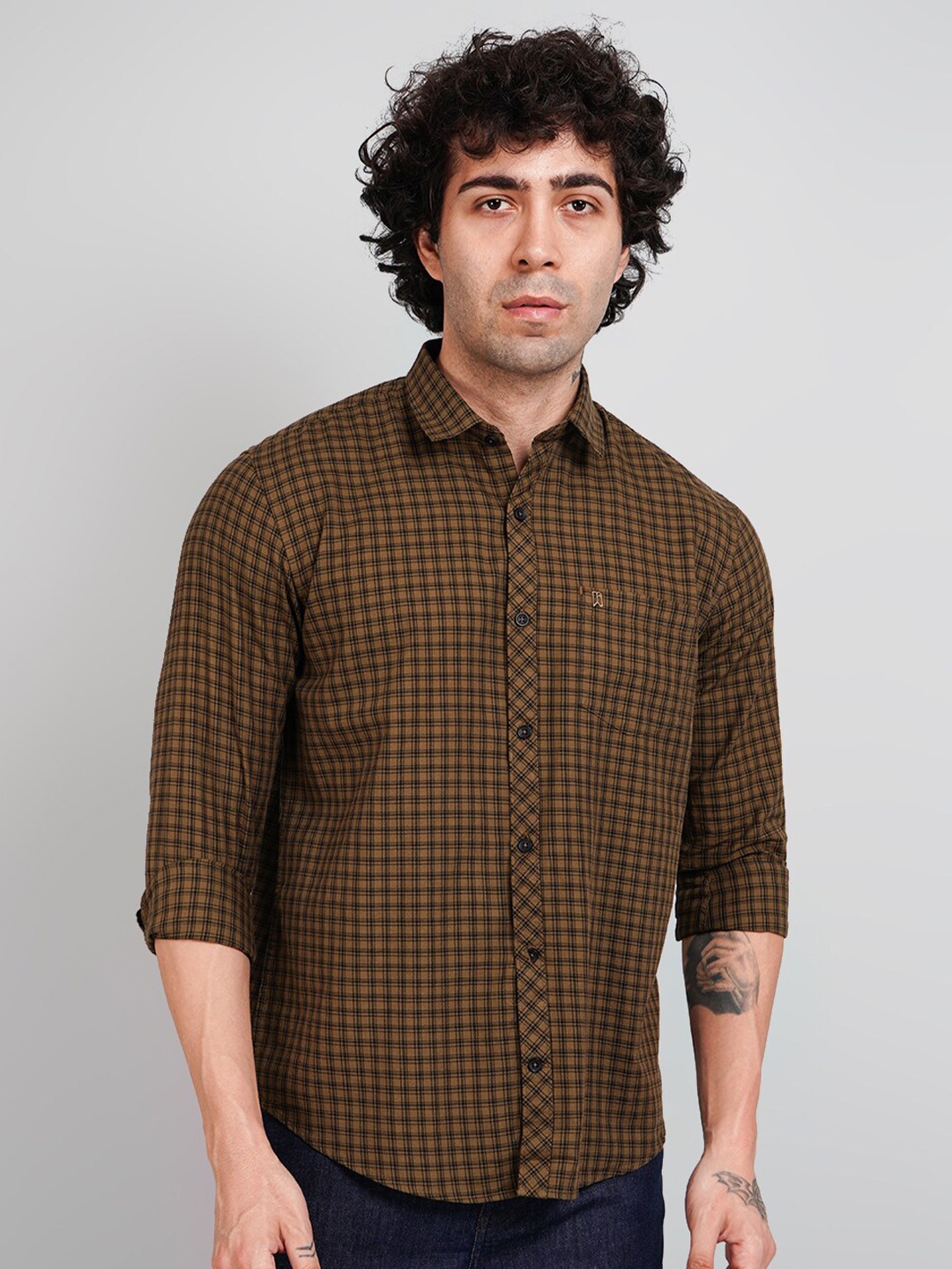 

TIM PARIS Comfort Spread Collar Opaque Checked Cotton Casual Shirt, Brown