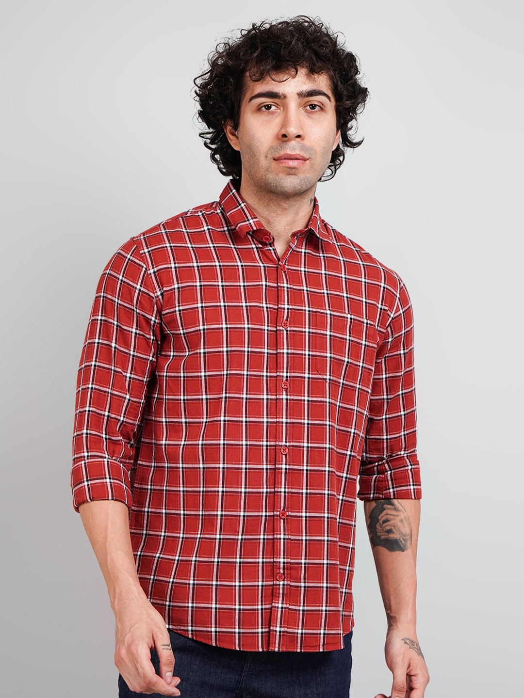 

TIM PARIS Comfort Spread Collar Opaque Checked Cotton Casual Shirt, Rust