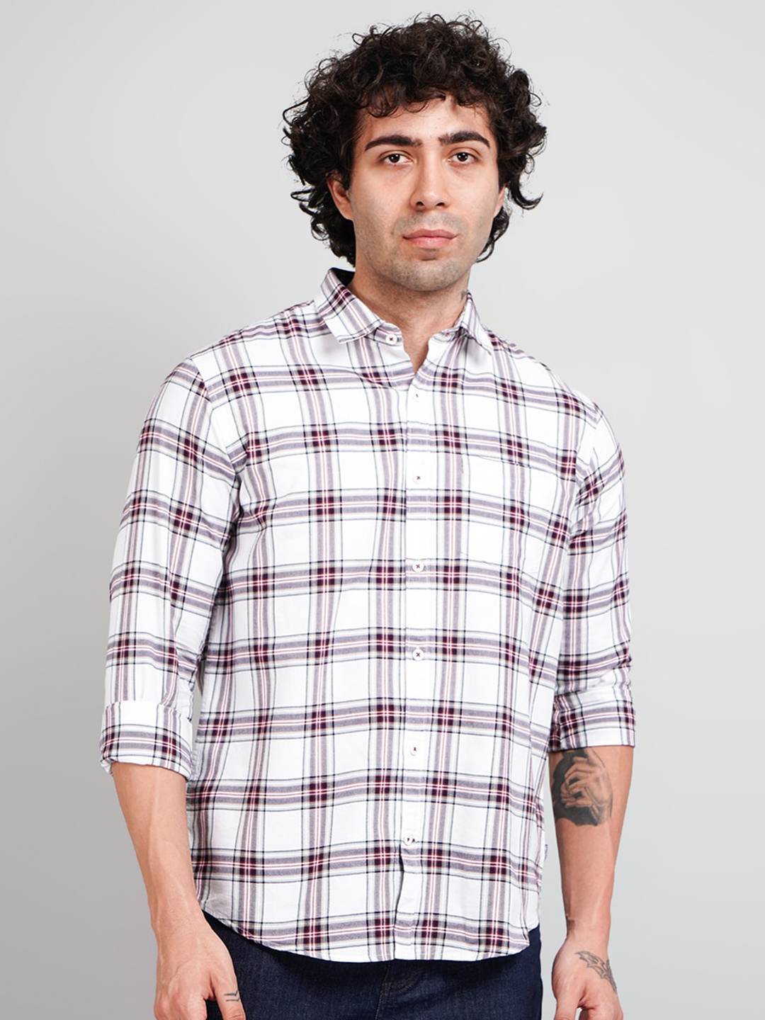 

TIM PARIS Comfort Spread Collar Tartan Checks Opaque Checked Cotton Casual Shirt, White