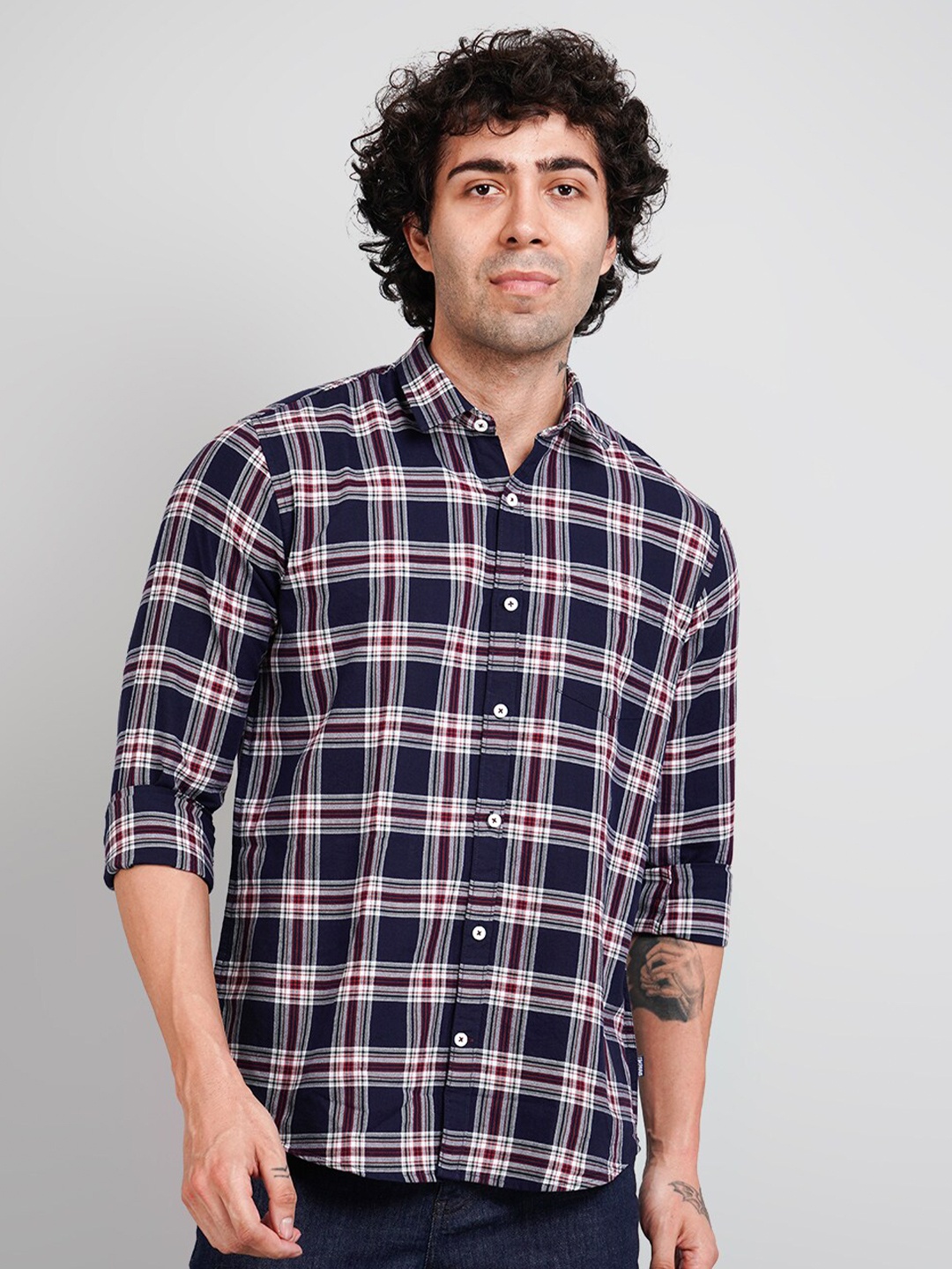 

TIM PARIS Comfort Tartan Checks Checked Cotton Casual Shirt, Navy blue