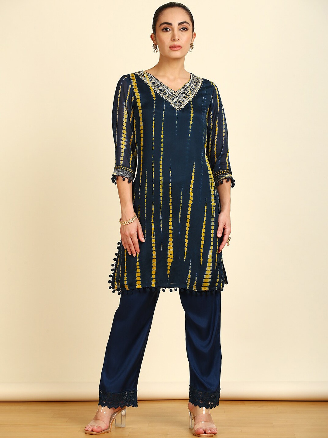 

Soch Tie & Dye Mirror Work Straight Kurta With Trousers & Dupatta, Blue