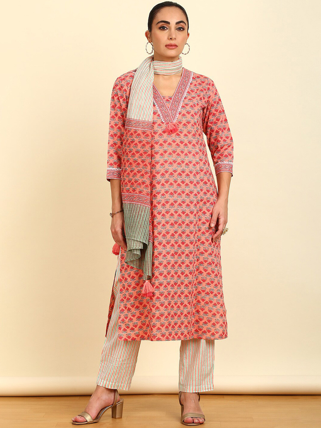 

Soch Floral Printed Straight Pure Cotton Kurta With Trousers & Dupatta, Peach
