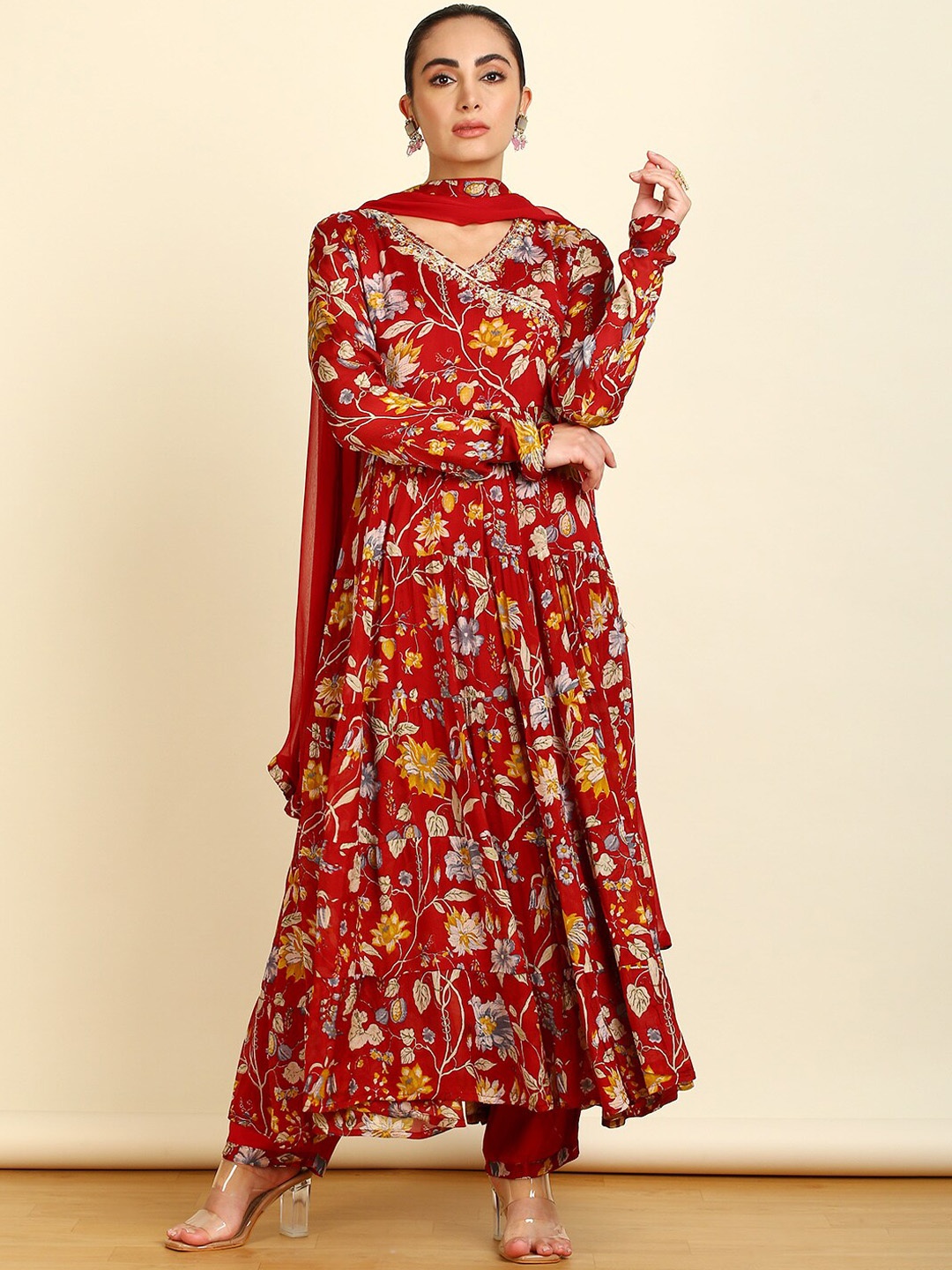 

Soch Floral Printed Angrakha Mirror Work Anarkali Kurta with Trousers & With Dupatta, Maroon