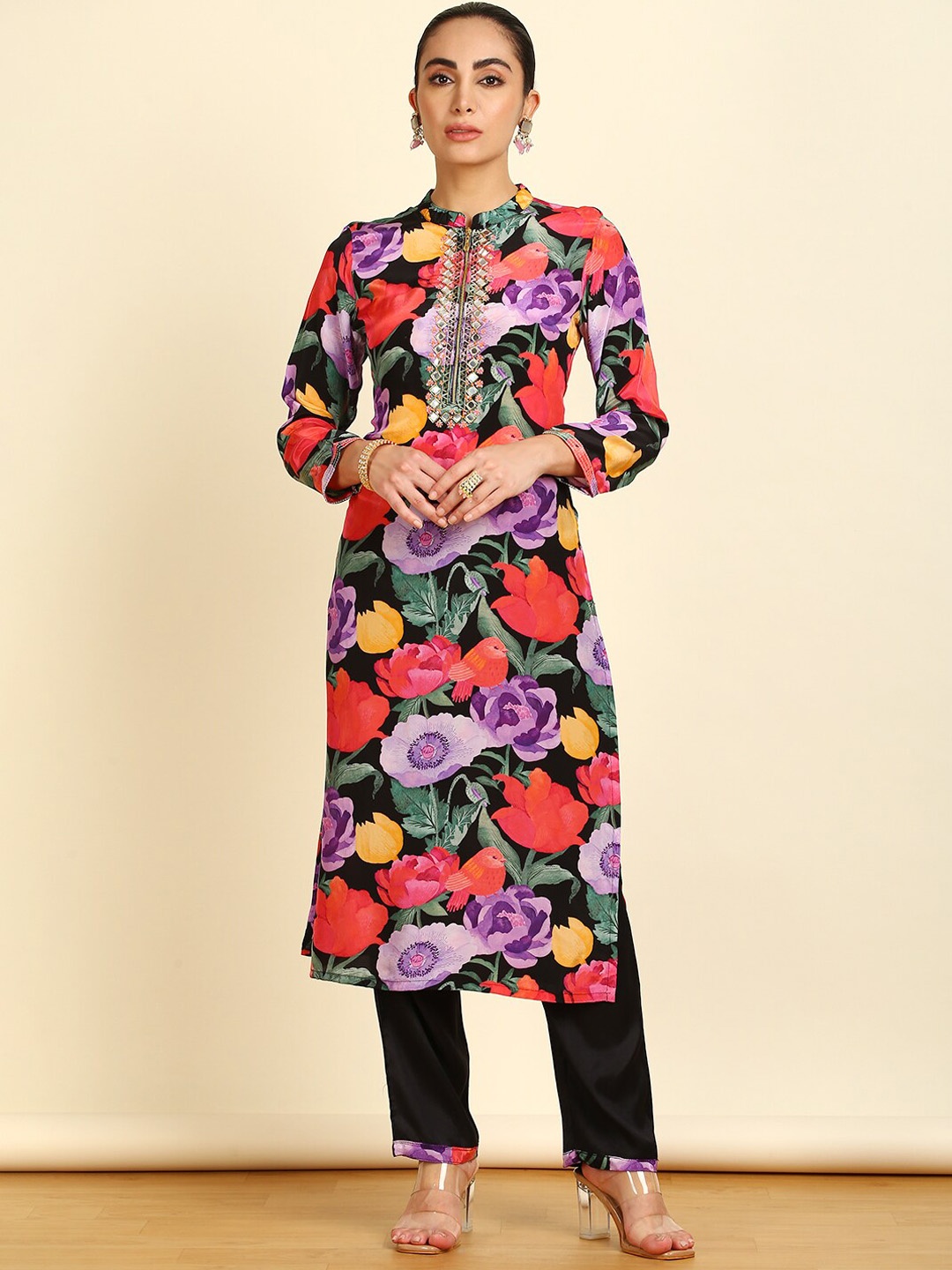 

Soch Floral Printed Mirror Work Kurta with Trousers & With Dupatta, Black