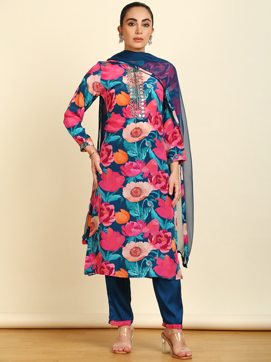 

Soch Floral Printed Straight Mirror Work Kurta With Trousers & Dupatta, Teal