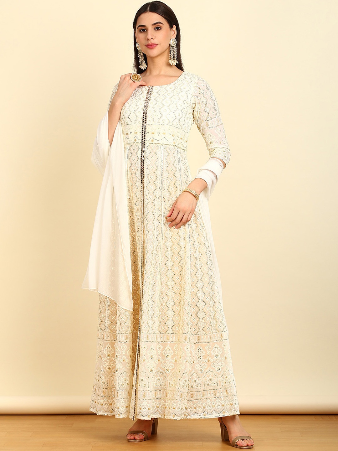 

Soch Geometric Embroidered Regular Sequinned Kurta With Palazzos & Dupatta, Cream