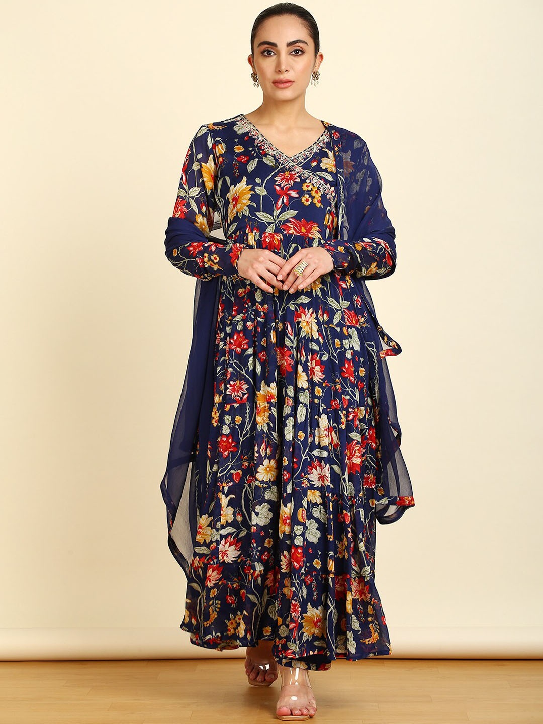 

Soch Floral Printed Angrakha Mirror Work Kurta With Trousers & Dupatta, Blue