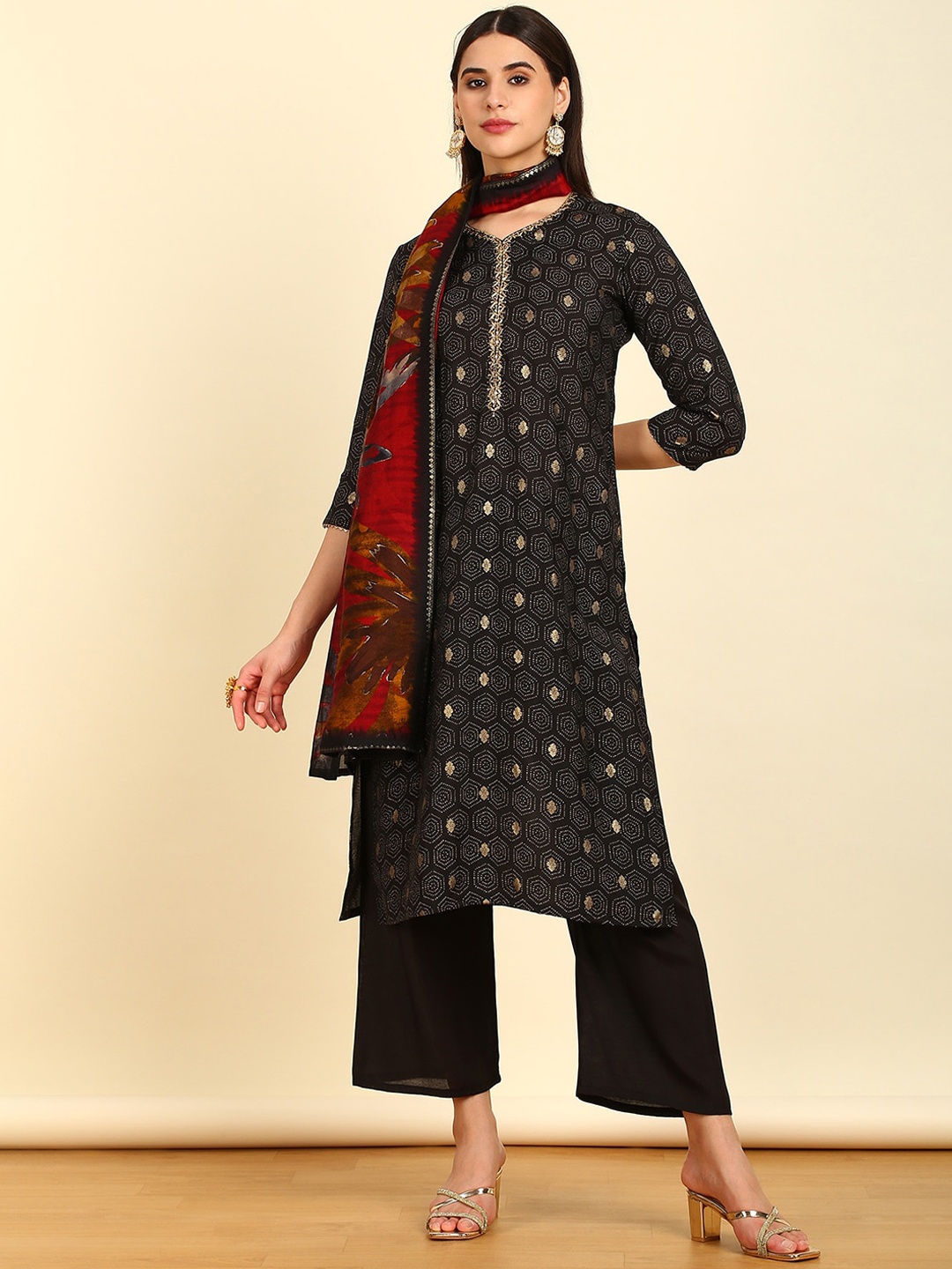 

Soch Geometric Printed Beads and Stones Kurta with Palazzos & With Dupatta, Black