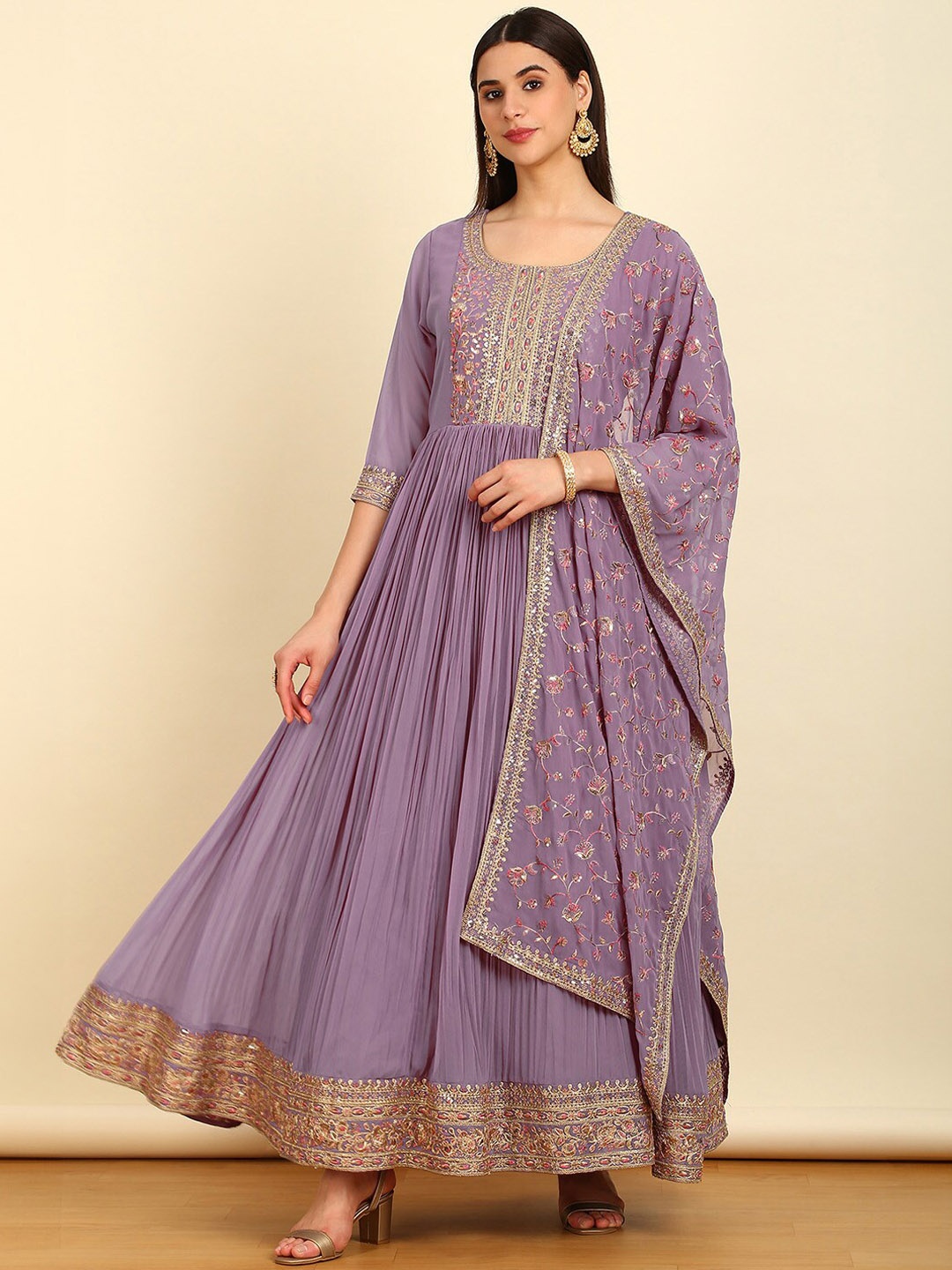 

Soch Floral Yoke Design Empire Sequinned Kurta With Churidar & Dupatta, Purple