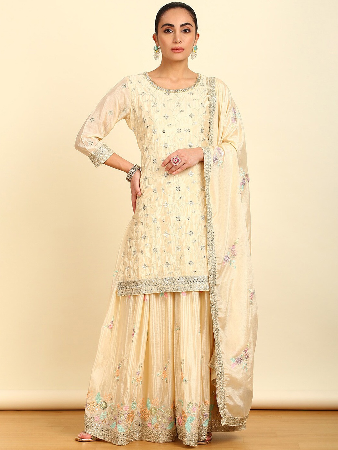 

Soch Floral Embroidered Mirror Work Kurta with Palazzos & With Dupatta, Cream
