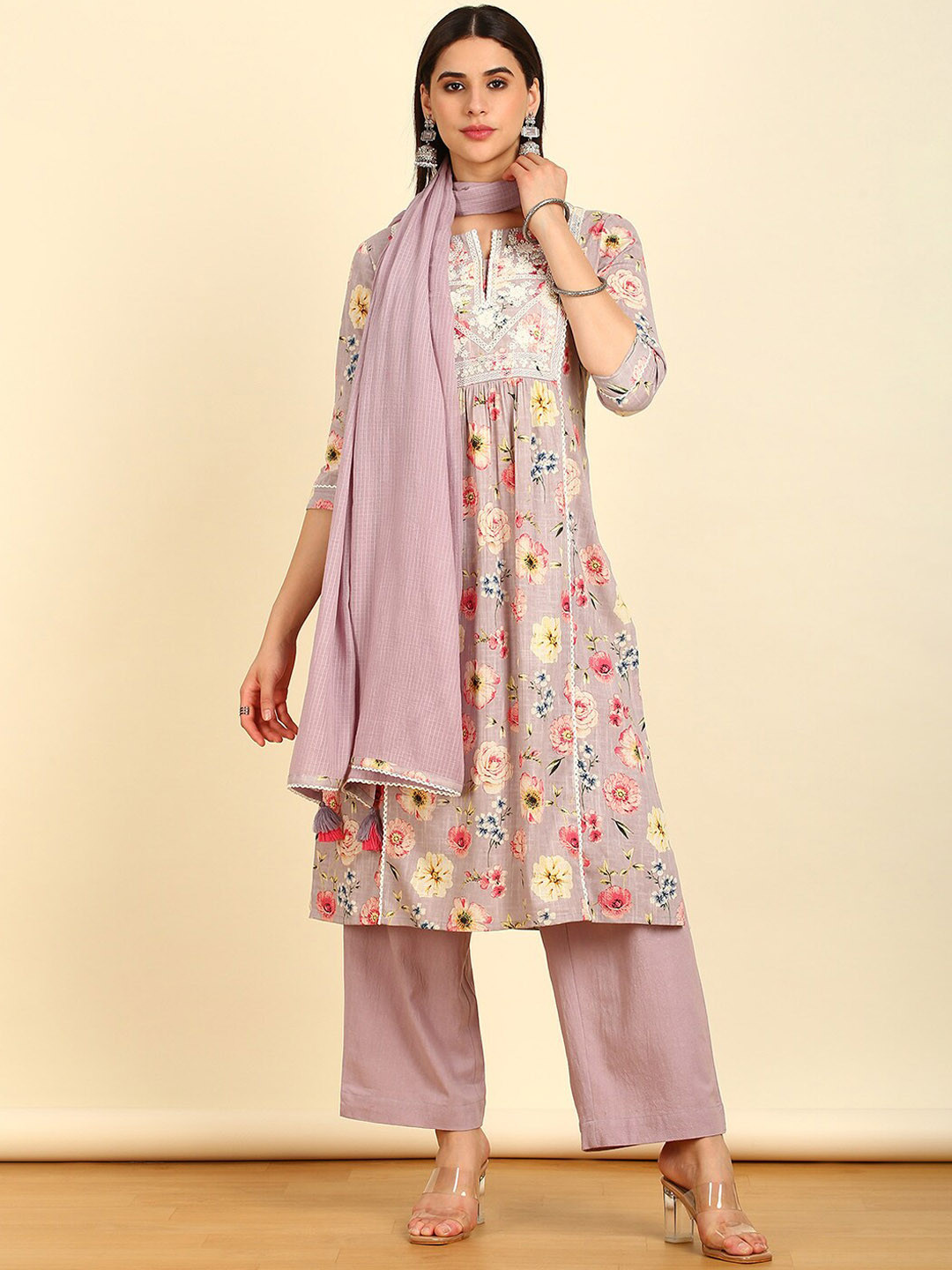 

Soch Floral Printed Panelled Thread Work Pure Cotton Kurta With Trousers & Dupatta, Purple