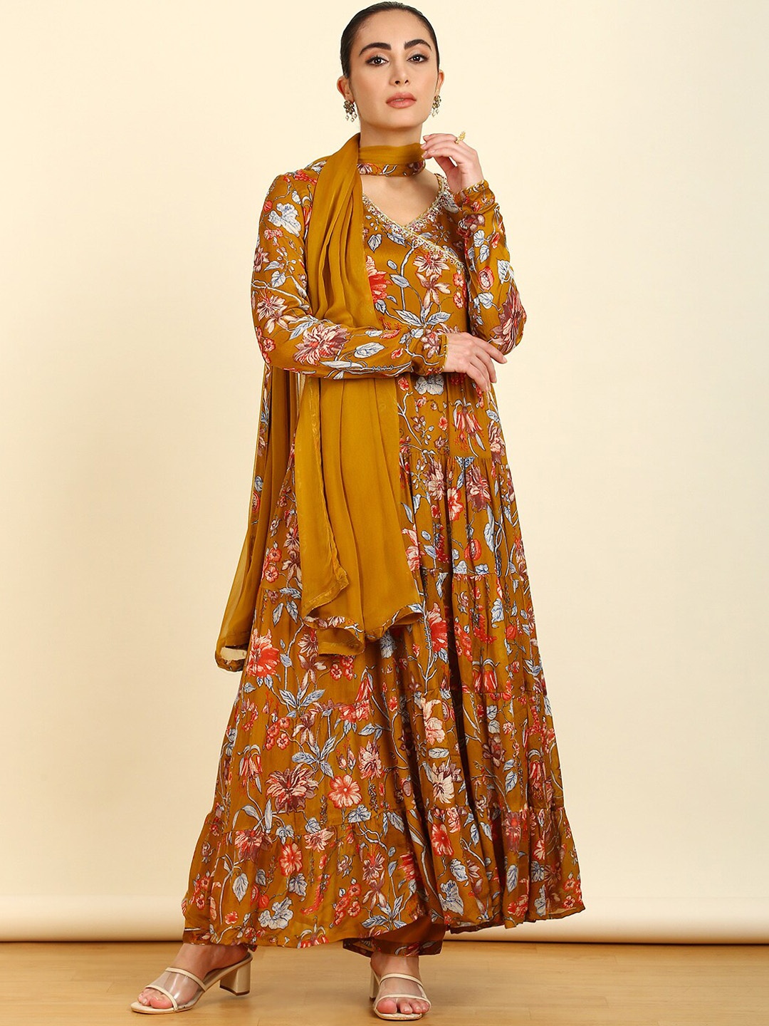 

Soch Floral Printed Angrakha Mirror Work Anarkali Kurta with Trousers & With Dupatta, Mustard
