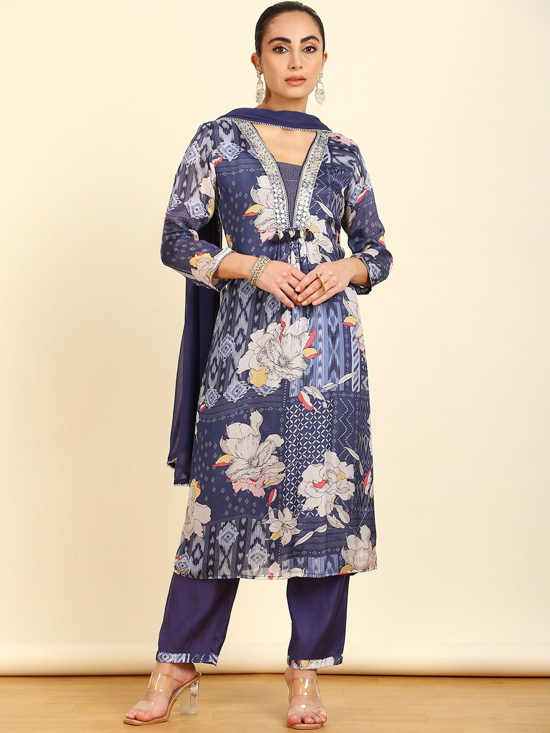 

Soch Floral Printed Regular Gotta Patti Kurta With Trousers & Dupatta, Blue