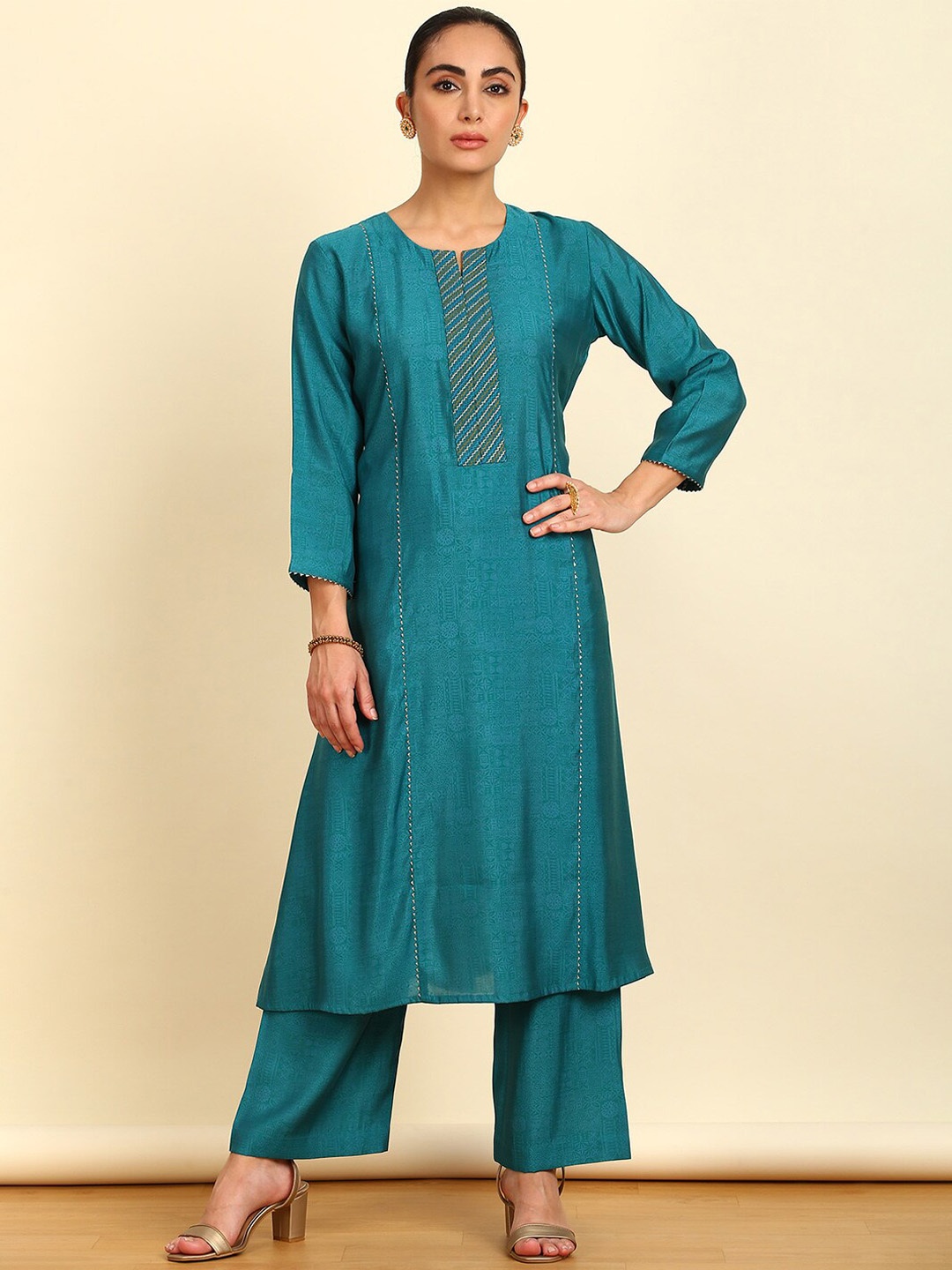 

Soch Ethnic Motifs Printed Thread Work Kurta with Palazzos & With Dupatta, Teal