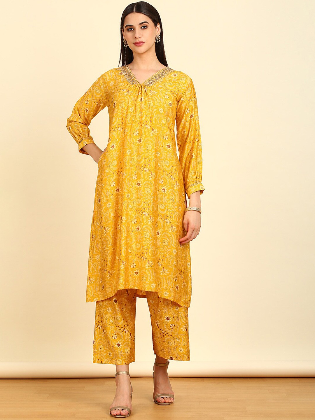 

Soch Floral Printed Pleated Sequinned Kurta with Trousers, Mustard