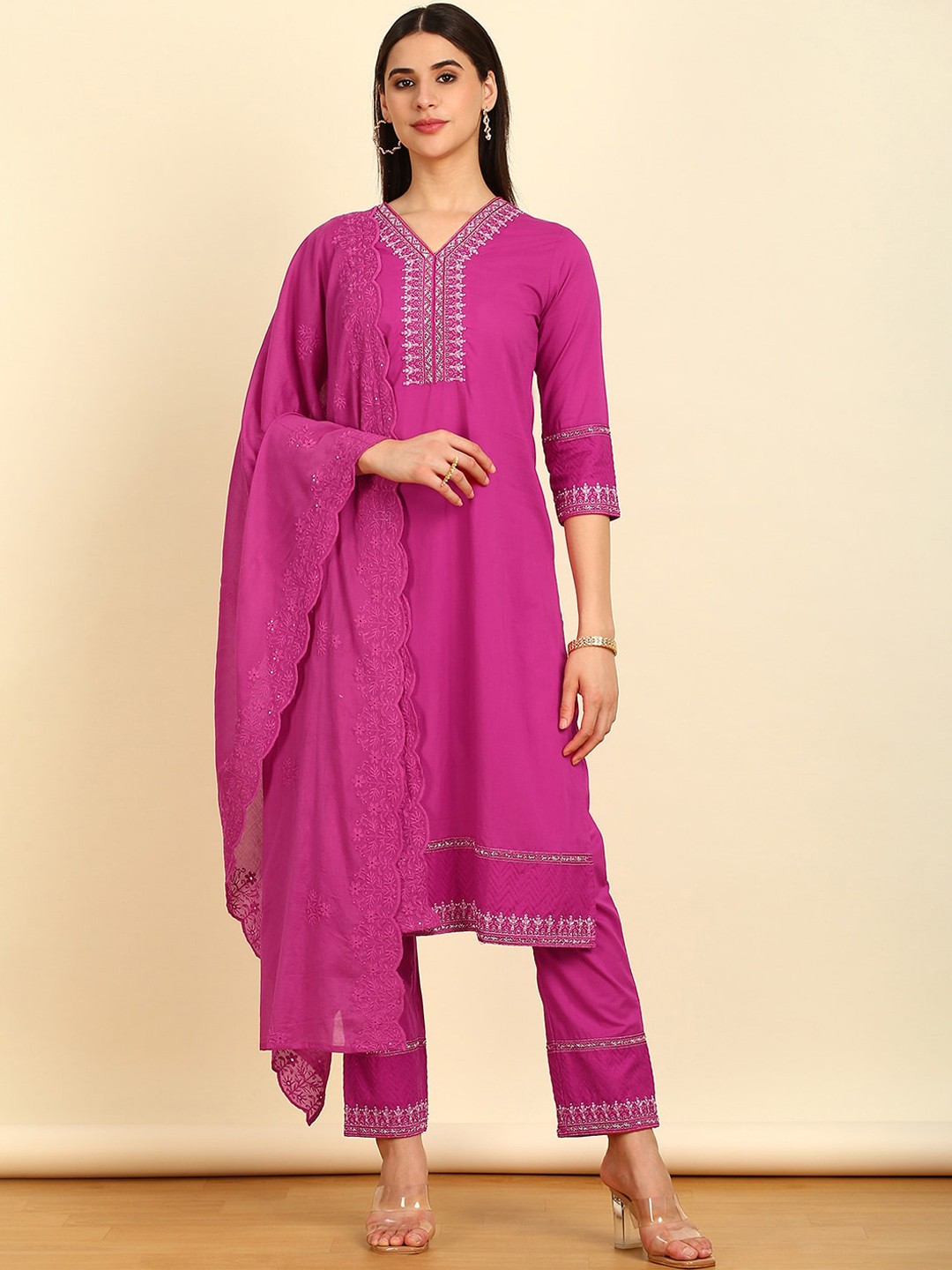 

Soch Straight Pure Cotton Kurta With Trousers & Dupatta, Magenta