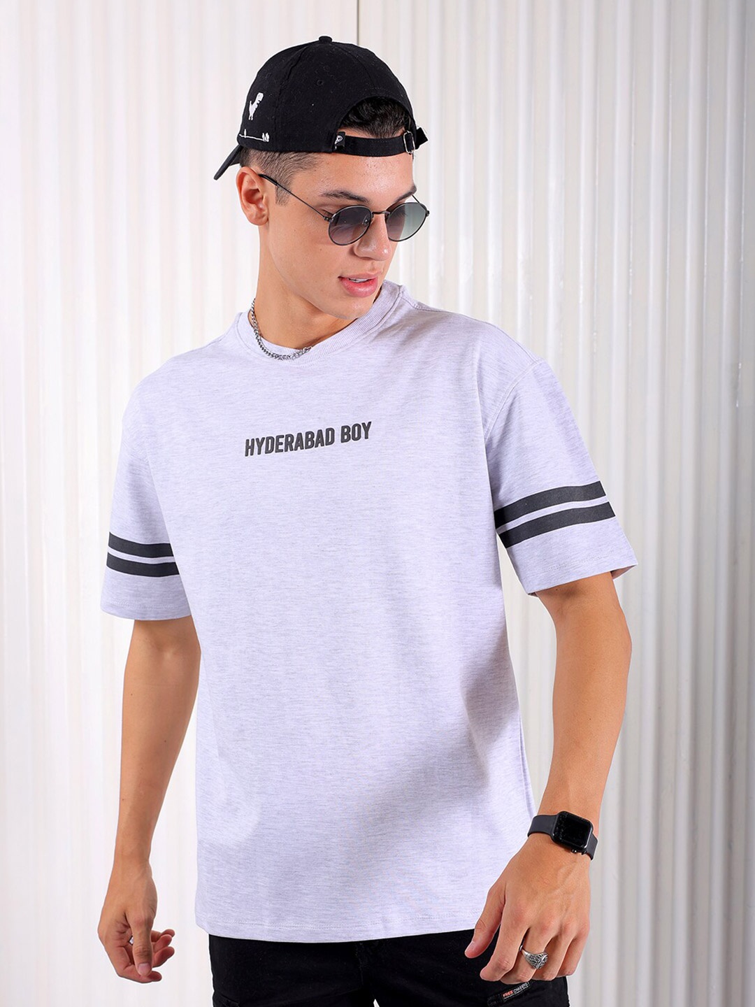 

The Indian Garage Co Typography Printed Cotton Boxy T-shirt, Grey melange