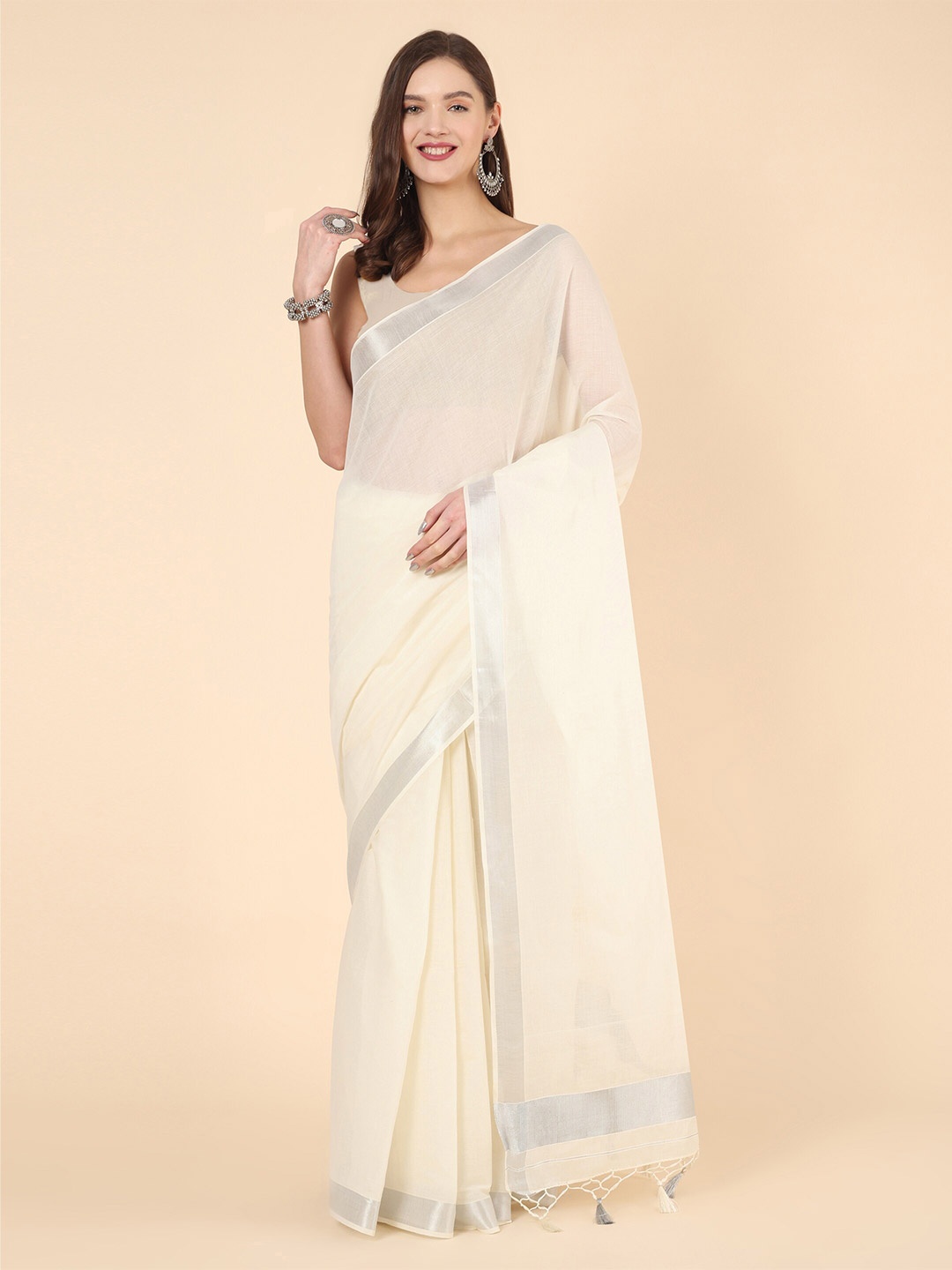 

Manvish Drapes Zari Pure Cotton Kasavu Saree, Off white