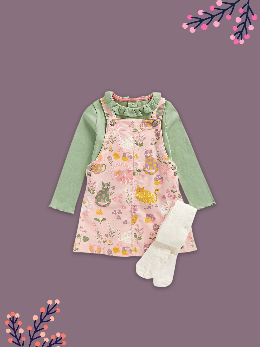 

mothercare Infants Girls Printed Cotton Dungarees, Green