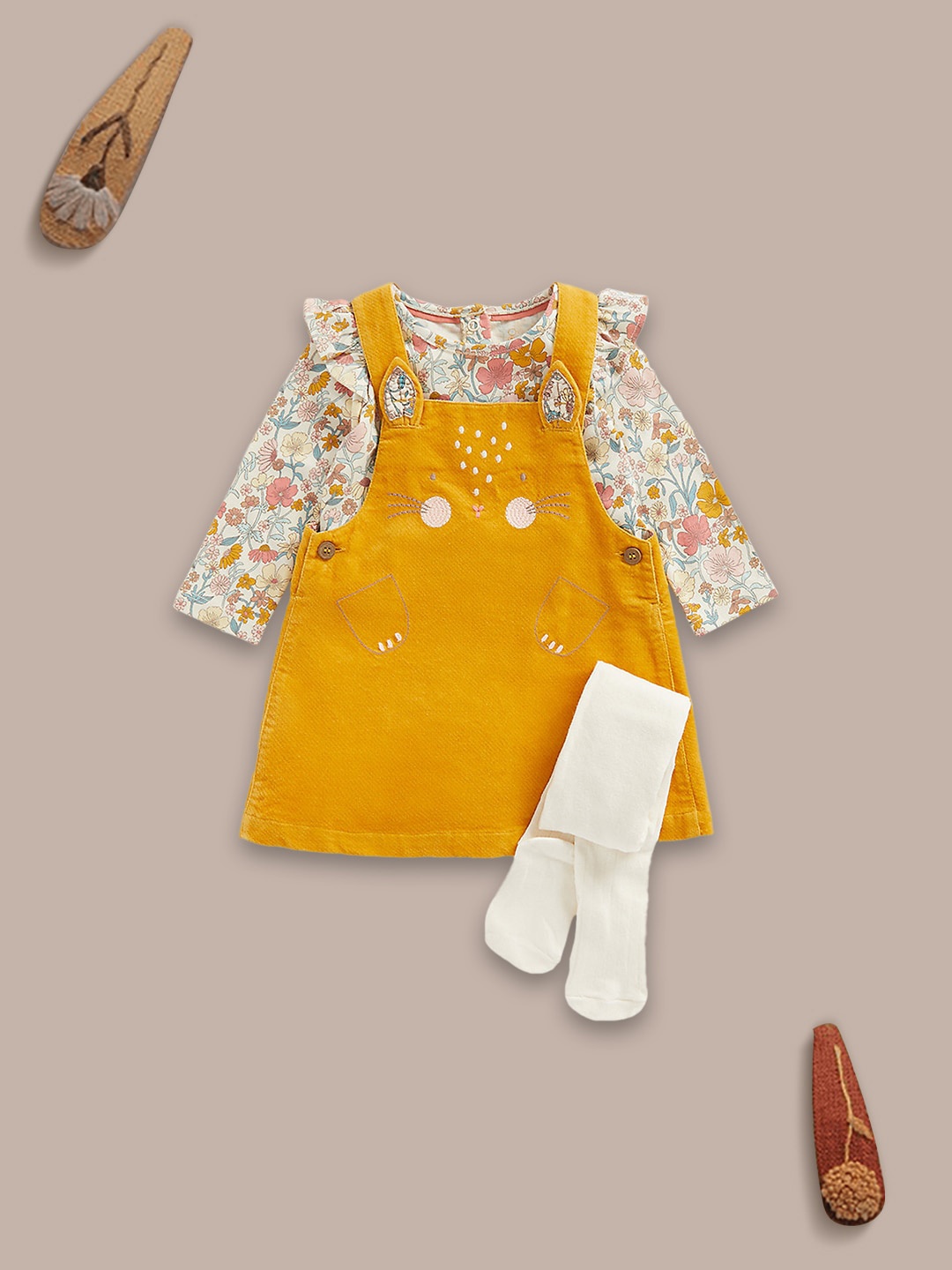 

mothercare Infants Girls Printed Dungaree with Tight & T-Shirt, Multi