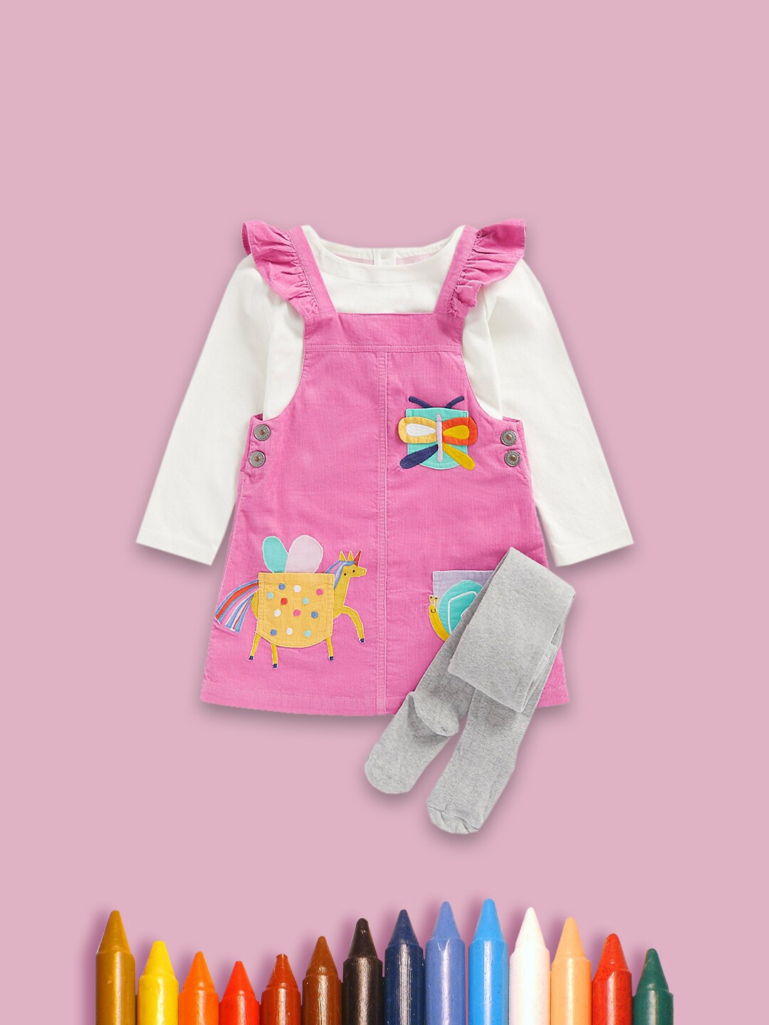 

mothercare Infant Girls Printed Cotton Dungaree With T-Shirt, Cream