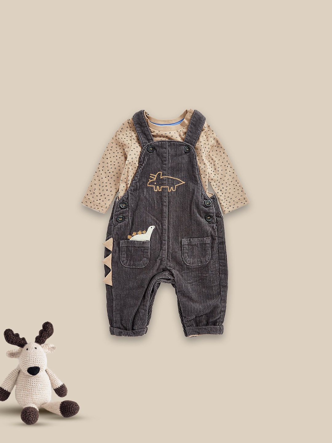 

mothercare Infant Girls Printed Cotton Dungaree With Bodysuit, Brown