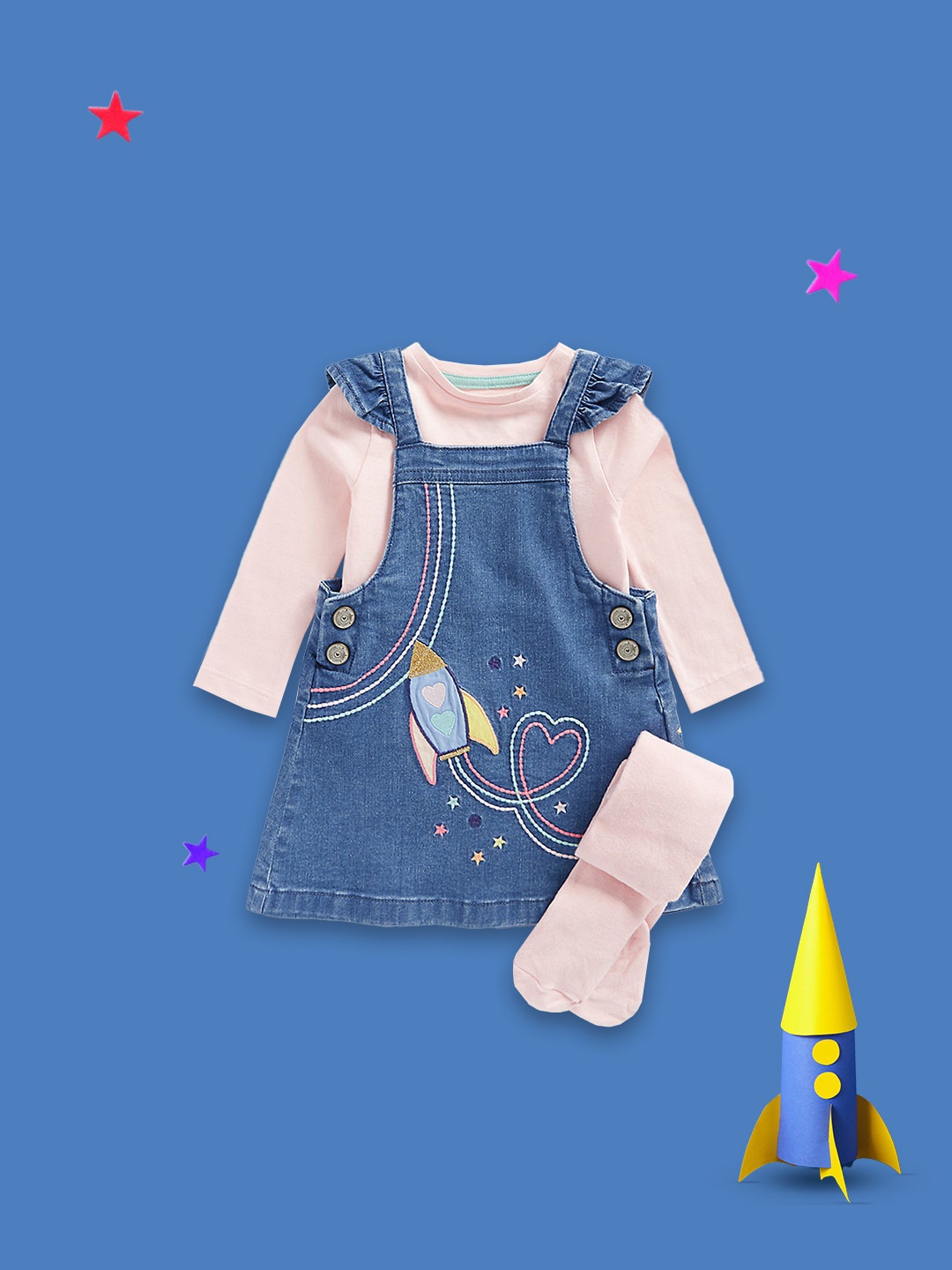 

mothercare Infants Girls Embroidered Dungaree with T-Shirt & Tight, Blue