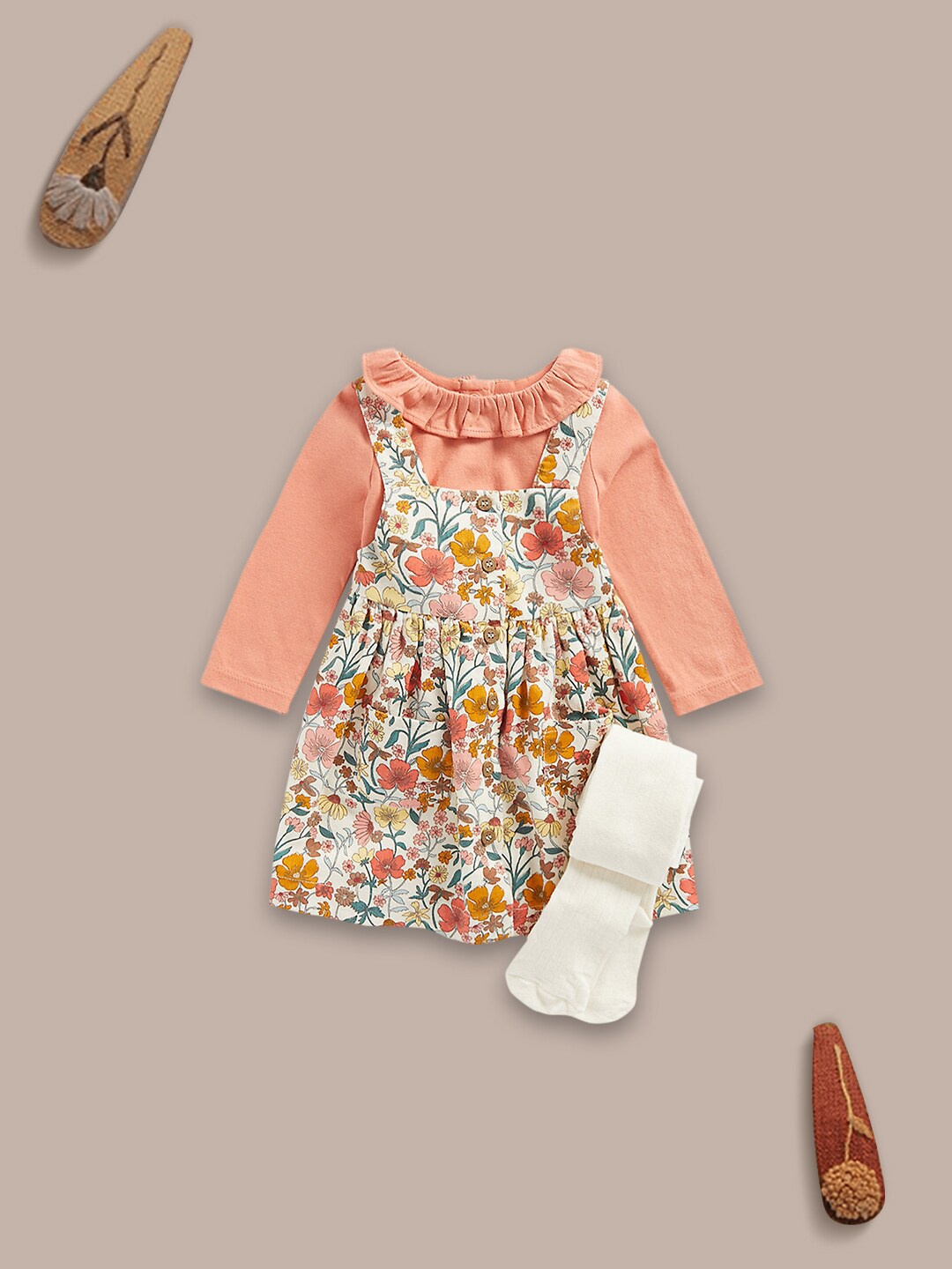 

mothercare Girls Printed Cotton Dungarees Set, Pink