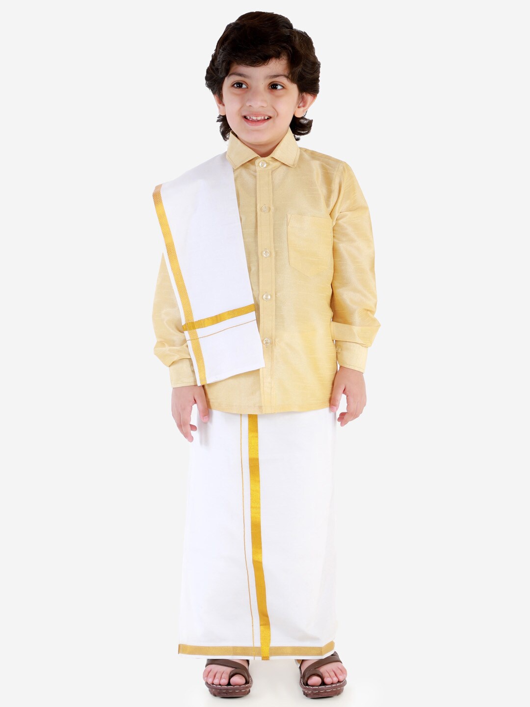 

VASTRAMAY Boys Shirt With Veshti & Dupatta Set, Gold