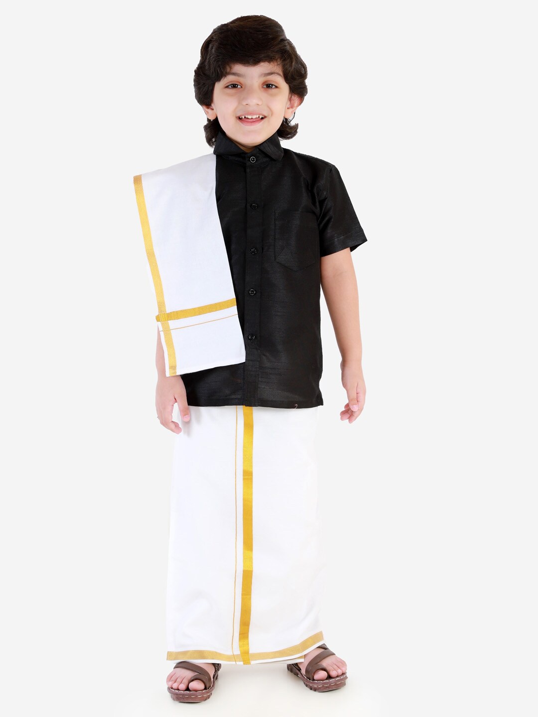 

VASTRAMAY Boys Shirt With Veshti & Dupatta Set, Black